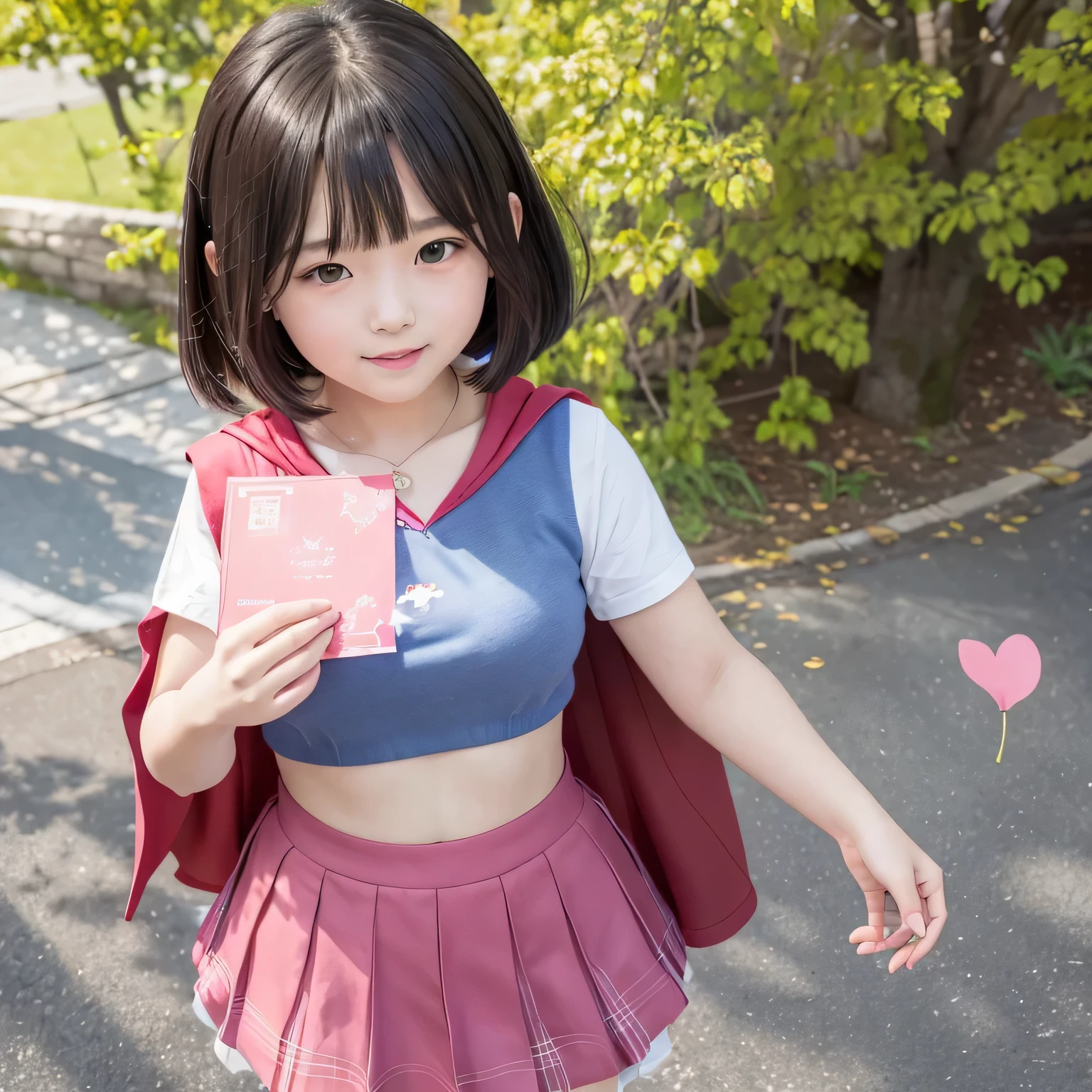 A very elementary school student is wearing Supergirl clothes..、masterpiece、highest quality、Spreading black hair、bob cut with trimmed ends、lolicon、red cloak、short sleeve、belly button、(A lot of shining heart particles are dancing in the air)、smiling mouth、blush、look forward while looking down、(Standing right next to a big cherry tree)、(Holding the letter in my hand to my chest)、(I have a pink love letter)