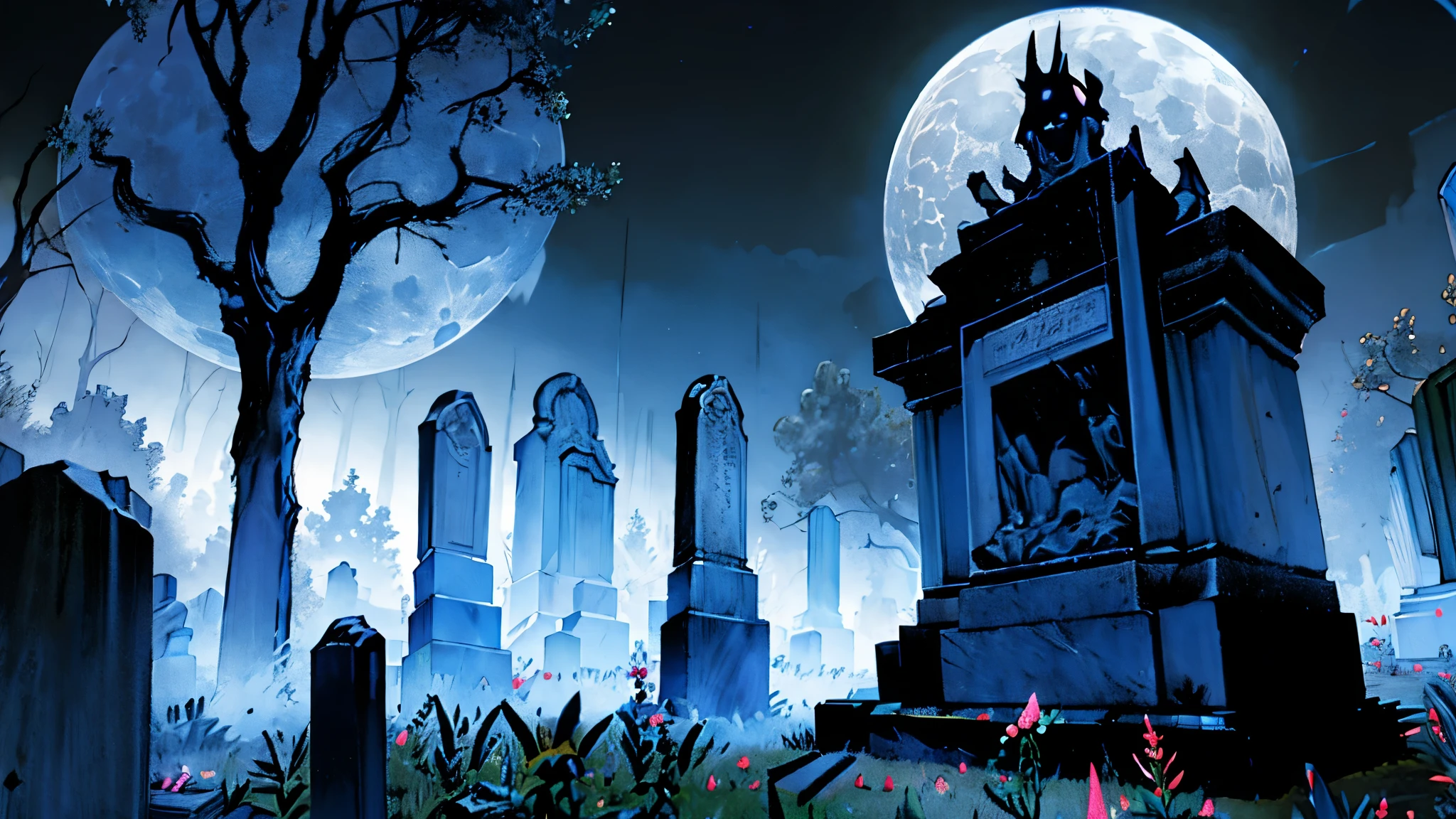 Cemetery security guard walks through a gloomy cemetery full of ghoulish trees and ancient tombs on a full moon night, encounters an evil creature surrounding a black aura