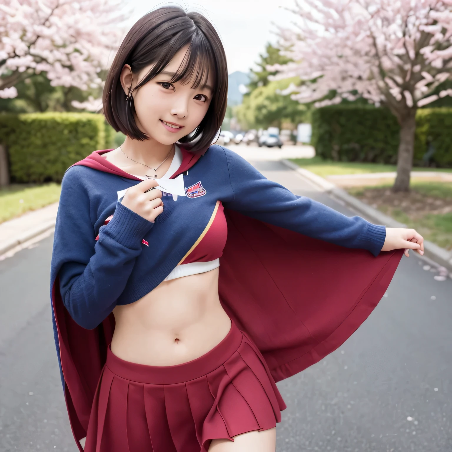 A very elementary school student is wearing Supergirl clothes..、masterpiece、highest quality、Spreading black hair、bob cut with trimmed ends、(flat chest)、lolicon、red cloak、belly button、Glowing heart particles dance in the air、Rooftop background with pool、whole body、smile