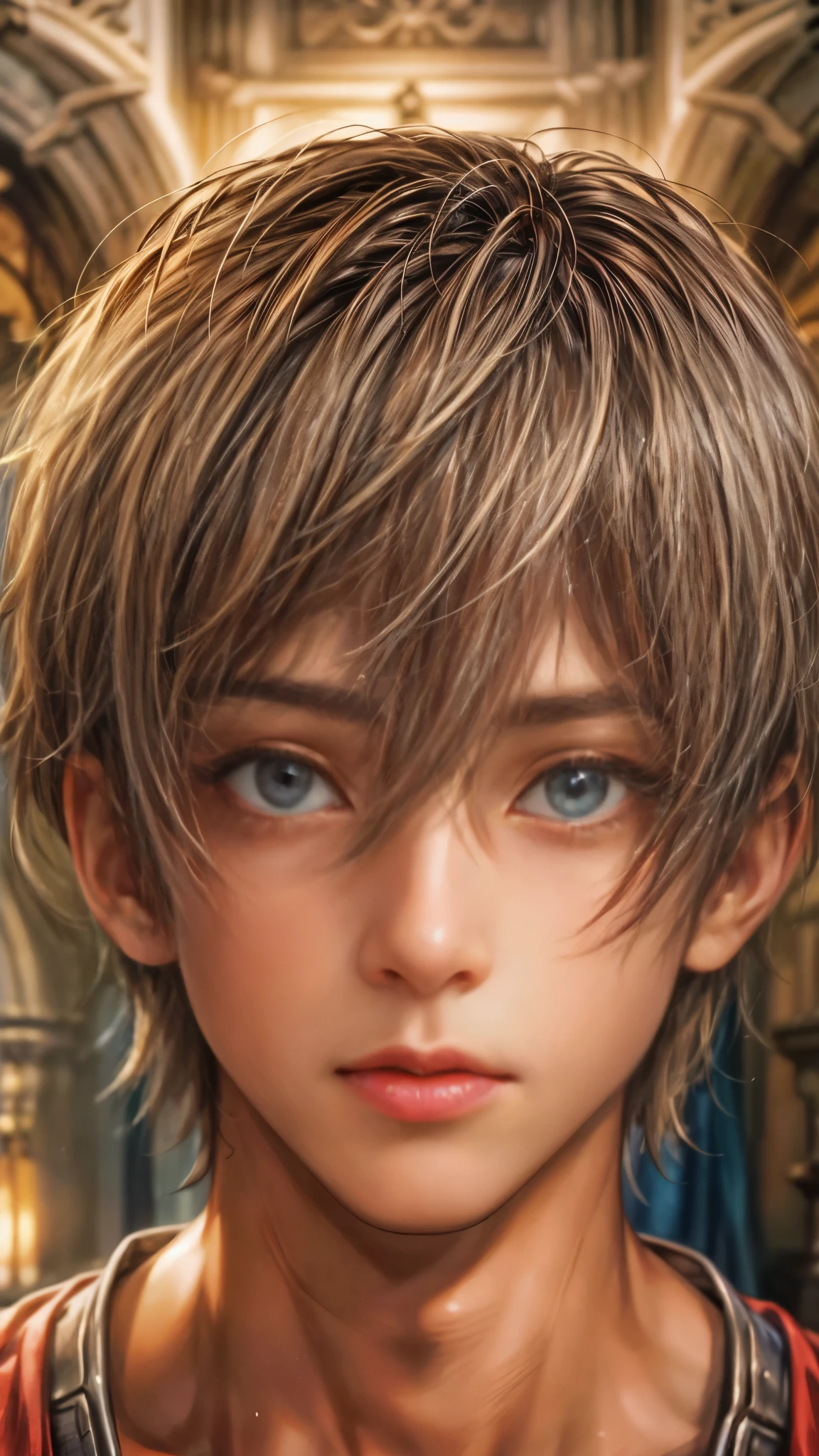 (absurdres, highres, ultra detailed, HDR), masterpiece, intricate, best quality, portrait of a teenage boy from Final Fantasy IX, short hair, korean face, anime eyes, detailed interior, detailed character