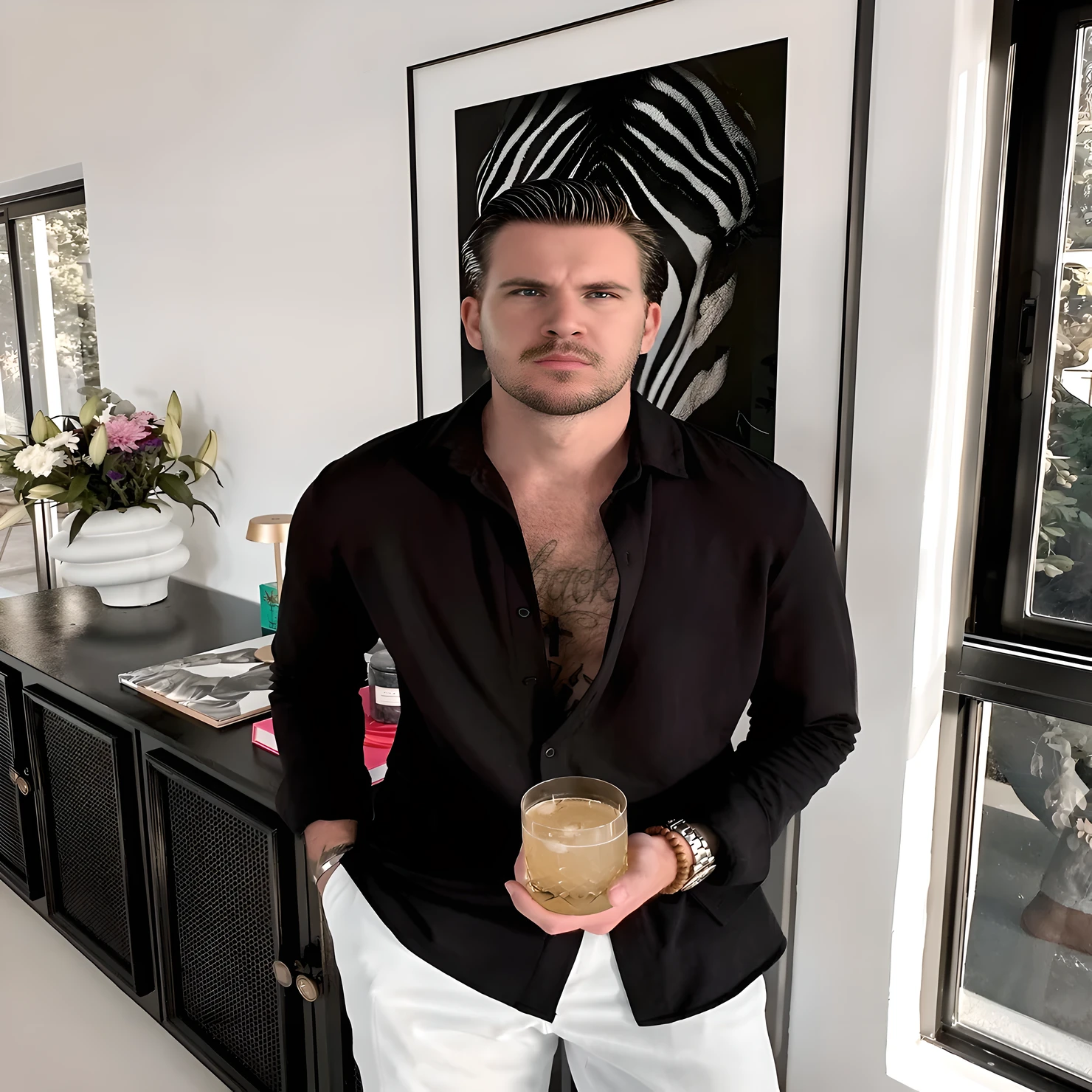 arafed man in black shirt holding a drink in a room, Peter Hurley, inspired by Ramon Pichot, holding a drink, Beautiful, with a drink, средний план Beautifulа, inspired by Mark A. Brennan, Rafael Personas, intense smoldering, you look hot, liam, Grab a taco and have a drink), Beautiful man, Seb McKinnon