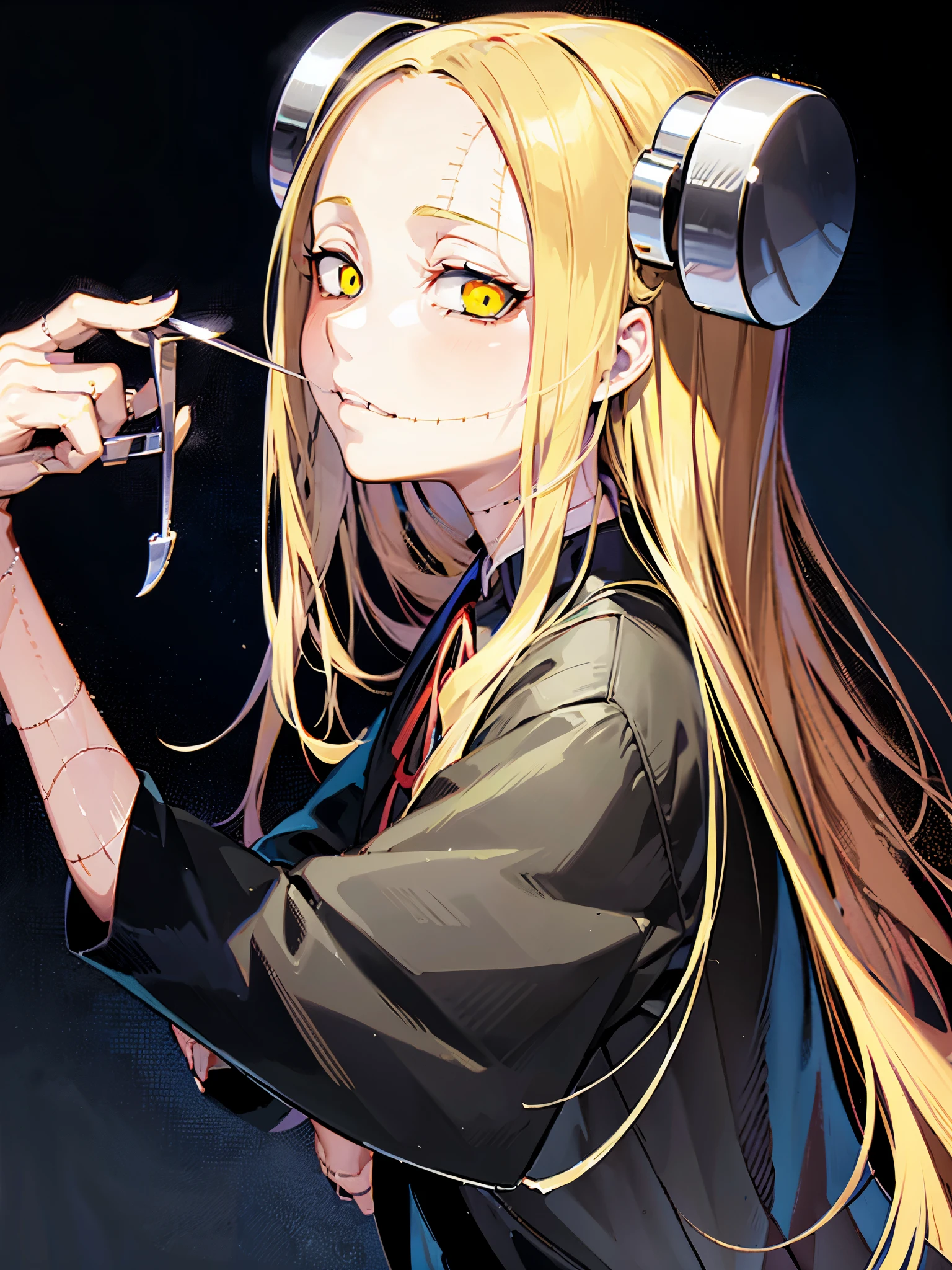 Madaraki_Fran,Young woman ,costs,preoccupied,Crazy ,a surgeon ,Holds out his hands,worries about the patient, long hair , yellow hair,Seams , Scars on the body , Creepy look , scary eyes , Intimidating look , Creepy smile , bags under the eyes, ((((tired)))), background
