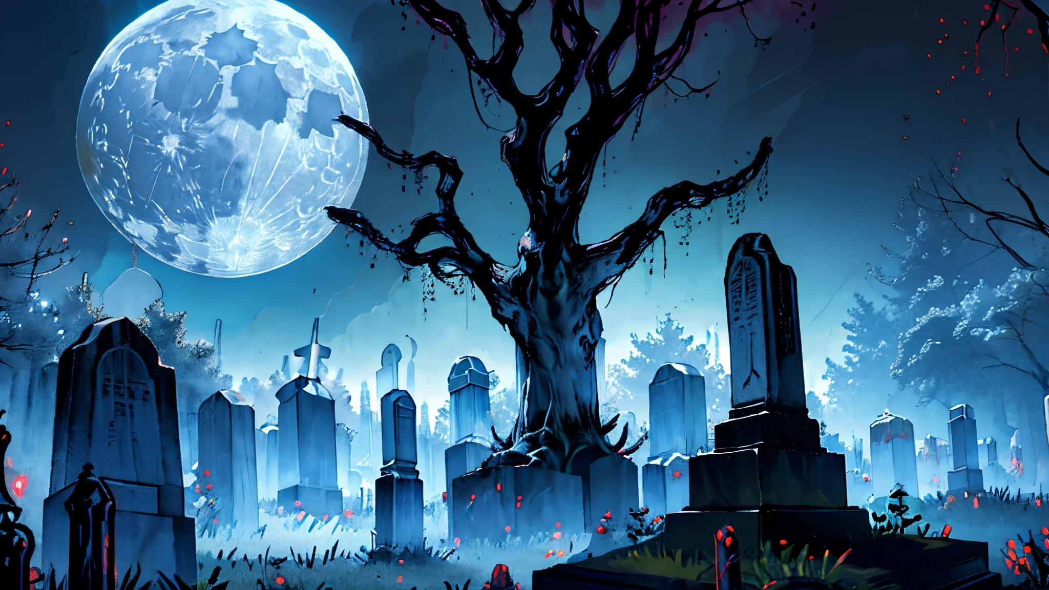 Cemetery security guard walks through a gloomy cemetery full of ghoulish trees and ancient tombs on a full moon night, encounters an evil creature surrounding a black aura
