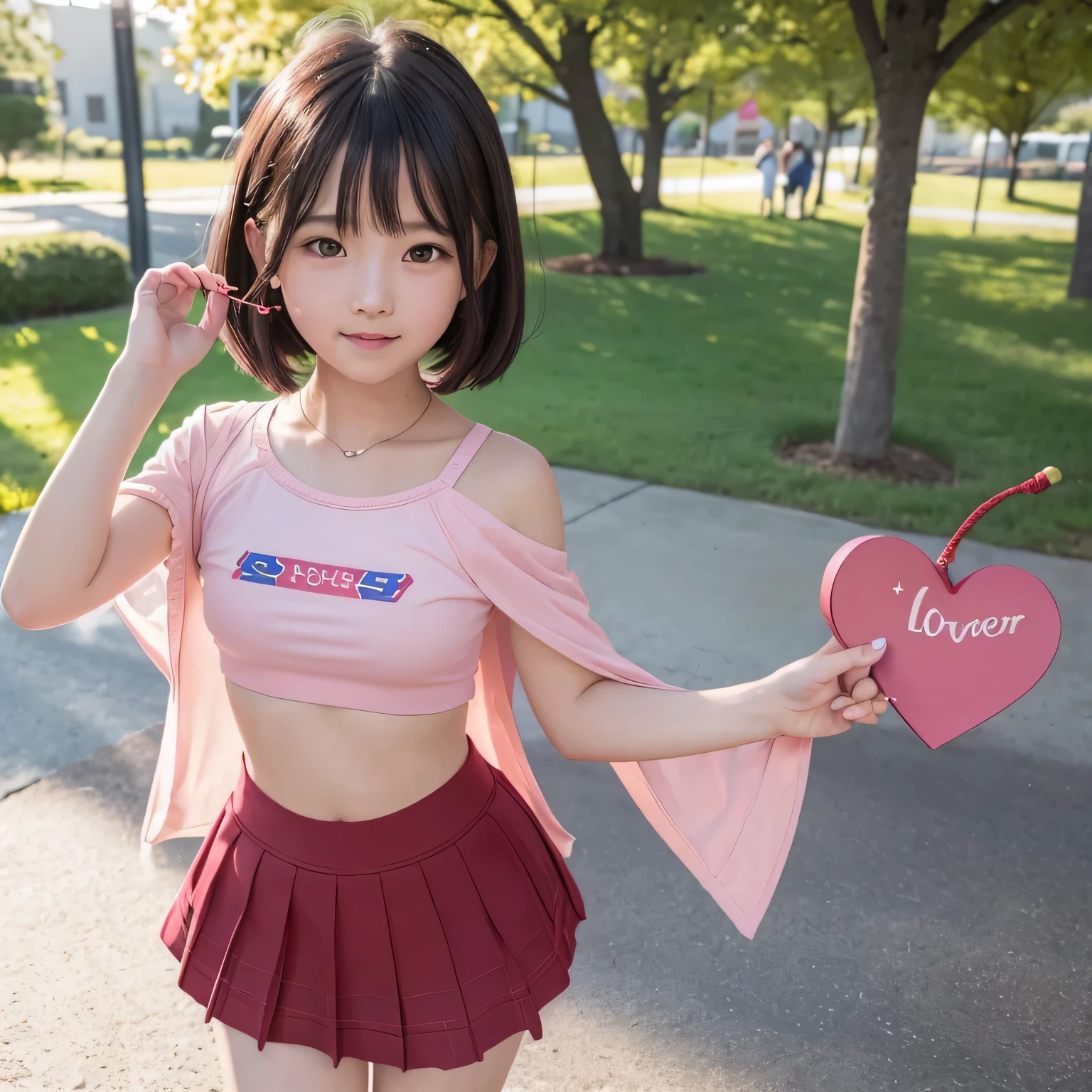 A very elementary school student is wearing Supergirl clothes..、masterpiece、highest quality、Spreading black hair、bob cut with trimmed ends、lolicon、red cloak、short sleeve、belly button、(A lot of shining heart particles are dancing in the air)、smiling mouth、blush、look forward while looking down、(Standing right next to a big cherry tree)、(Holding the letter in my hand to my chest)、(I have a pink love letter)