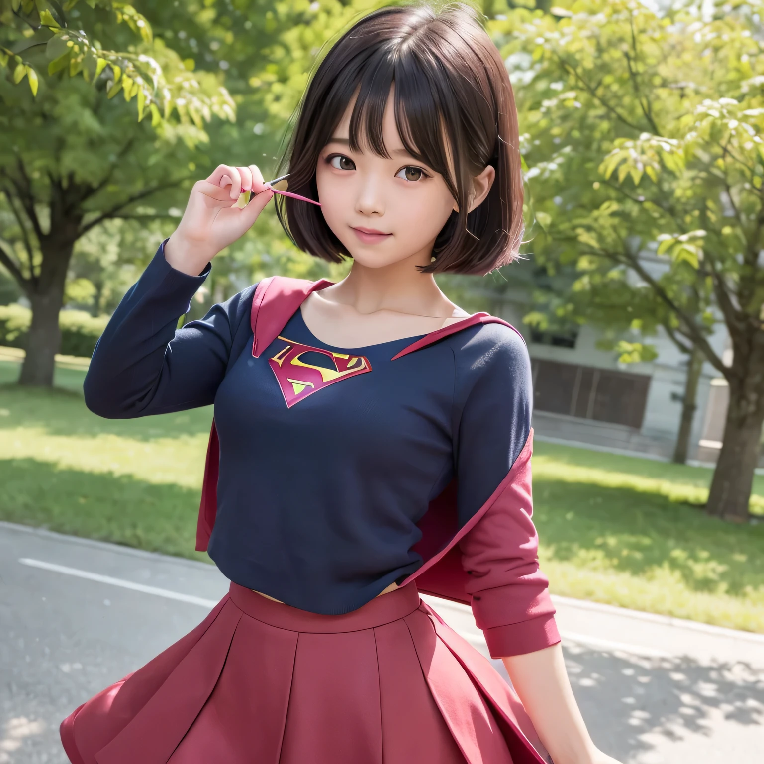 A very elementary school student is wearing Supergirl clothes..、masterpiece、highest quality、Spreading black hair、bob cut with trimmed ends、lolicon、red cloak、short sleeve、belly button、(A lot of shining heart particles are dancing in the air)、smiling mouth、blush、look forward while looking down、(Standing right next to a big cherry tree)、(Holding the letter in my hand to my chest)、(I have a pink love letter)