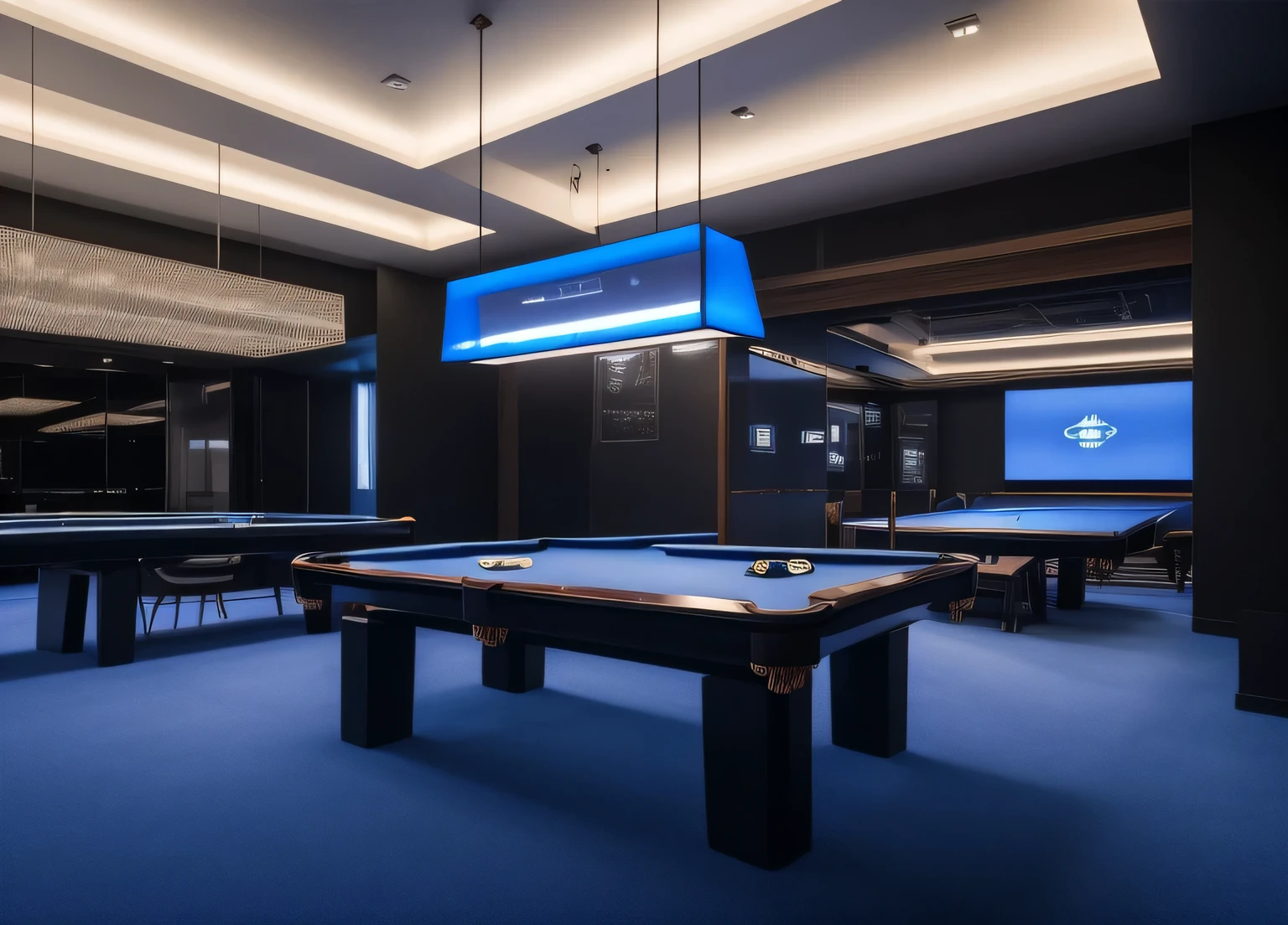 (masterpiece),(high quality), best quality, real,(realistic), super detailed, (full detail),(4k),8k,interior, large-sized modern room, lots of modern blue billiard tables, billiard equipment, modern RGB LED lights, modern lights, carpet, modern room, modern decoration, dark room,