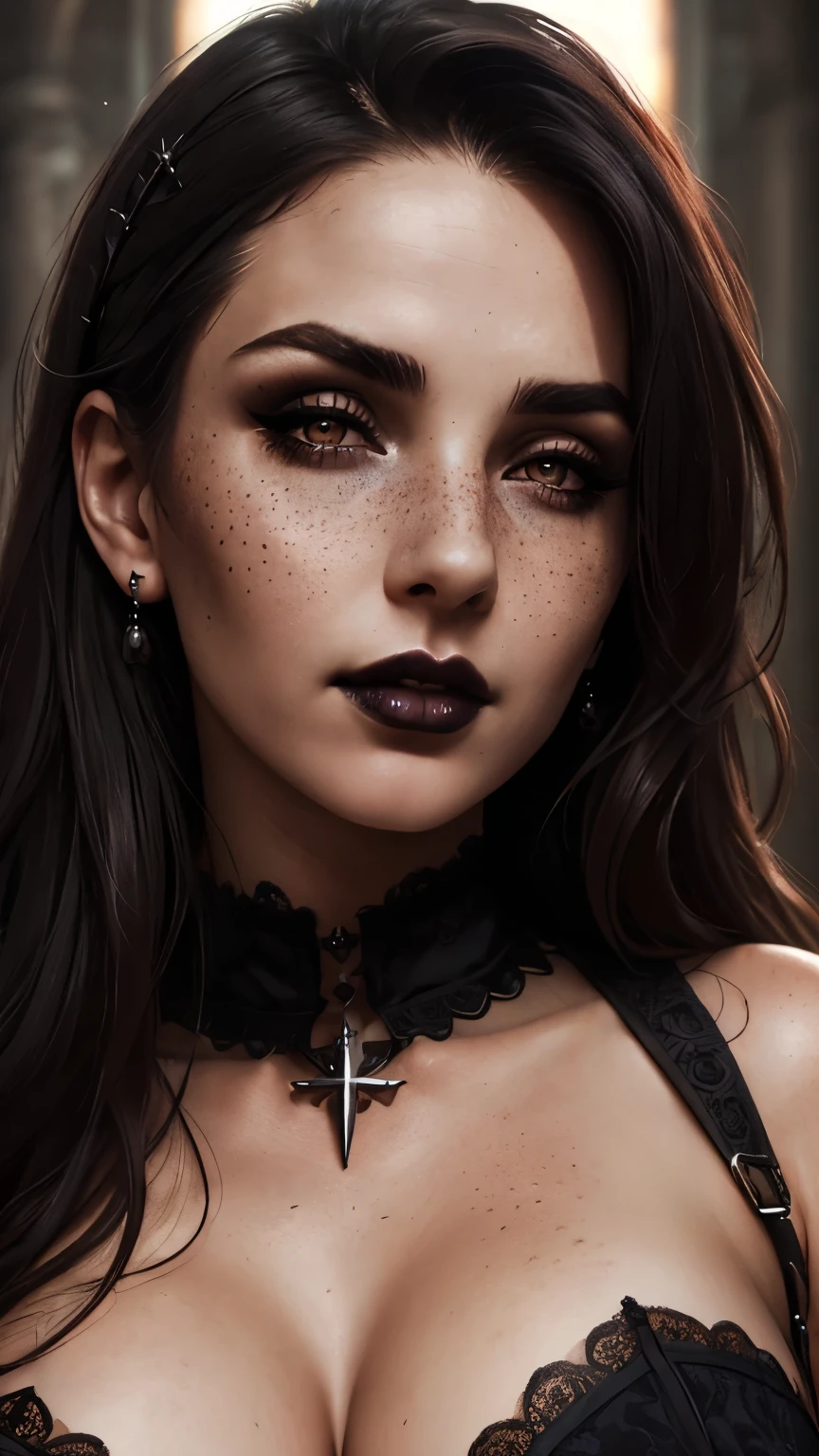 (best quality, hyperdetailed photography:1.2), beautiful lady, freckles, gothic dark makeup, soft light, massive perfect breast,head and breast portrait, cover, (detailed beautiful face, detail skin texture, ultra-detailed body:1.1) sexy vampire girl,