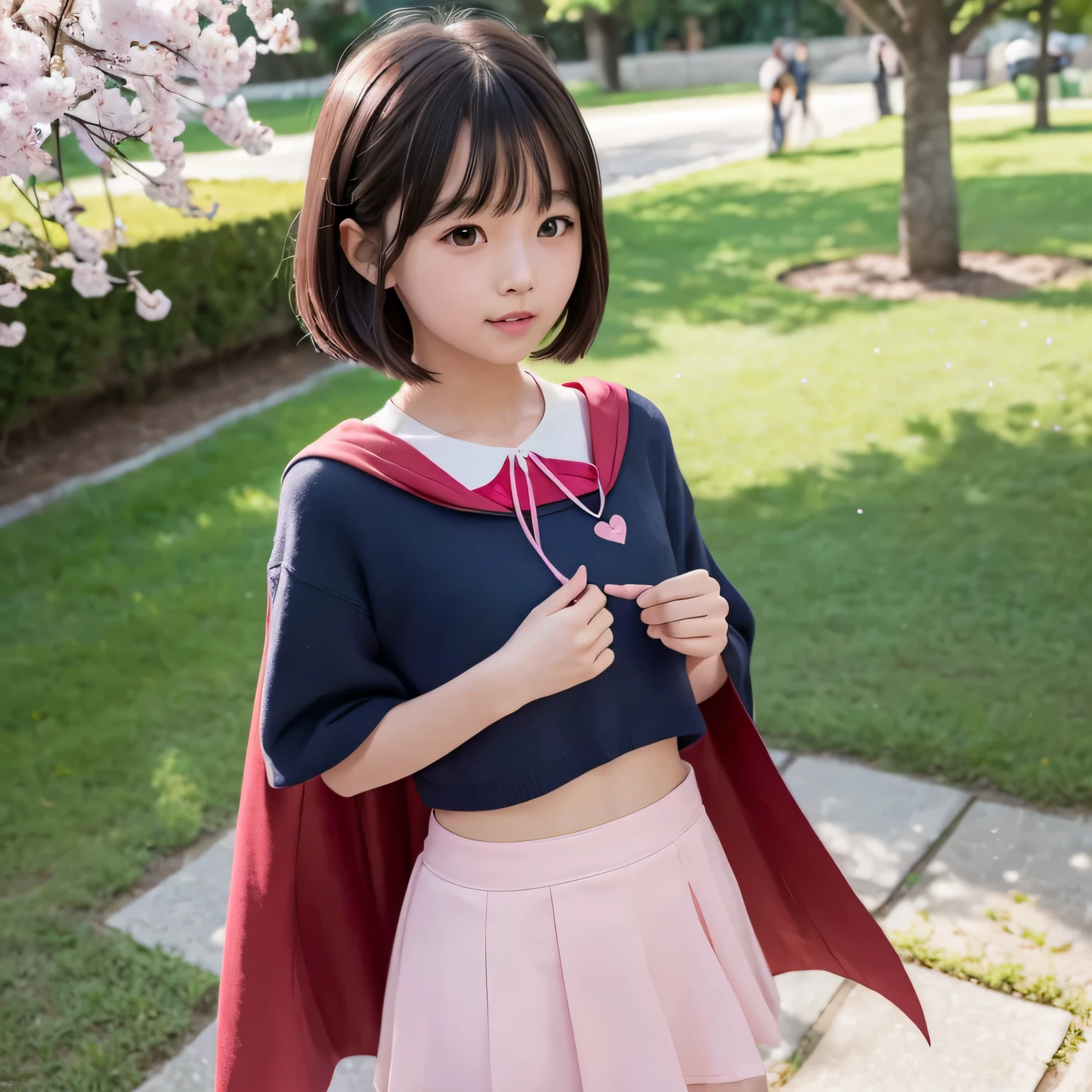 A  is wearing Supergirl clothes..、masterpiece、highest quality、Spreading black hair、bob cut with trimmed ends、lolicon、red cloak、short sleeve、belly button、(A lot of shining heart particles are dancing in the air)、smiling mouth、blush、look forward while looking down、(Standing right next to a big cherry tree)、(Holding the letter in my hand to my chest)、(I have a pink love letter)