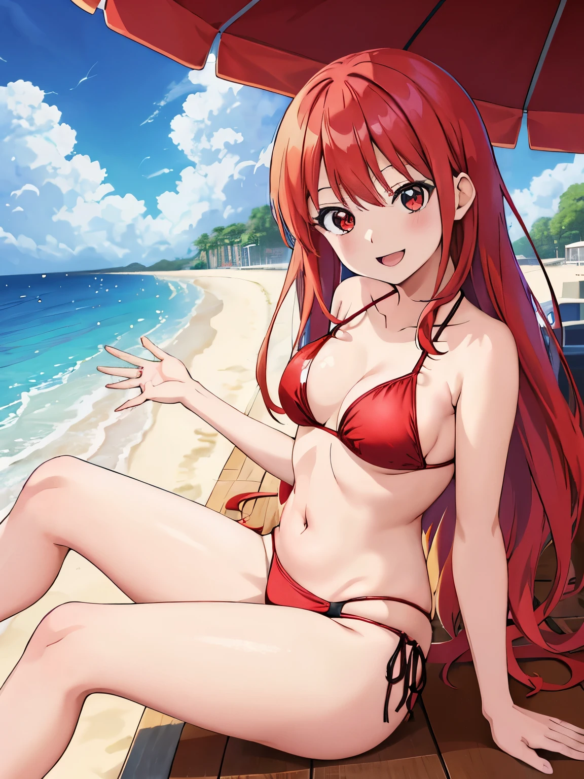anime girl with red hair and blue eyes sitting on a window sill, seductive anime girl, anime best girl, (anime girl), attractive anime girl, anime visual of a cute girl, rias gremory, beautiful anime girl, anime goddess, beautiful alluring anime , beautiful anime woman, | fine detail anime, beautiful alluring anime woman, rin, an anime girl, best quality, ((masterpiece)), highly detailed, blurry background, beach, water, splash,
1girl, Houjou Kaori,
looking at the viewer, smile, open mouth, from angle, small breasts,nakano nino, smiling at you
red eyes, black hair, long hair, straight hair, stripped bikini, (red bikini:1.4),nakano nino,smiling at you