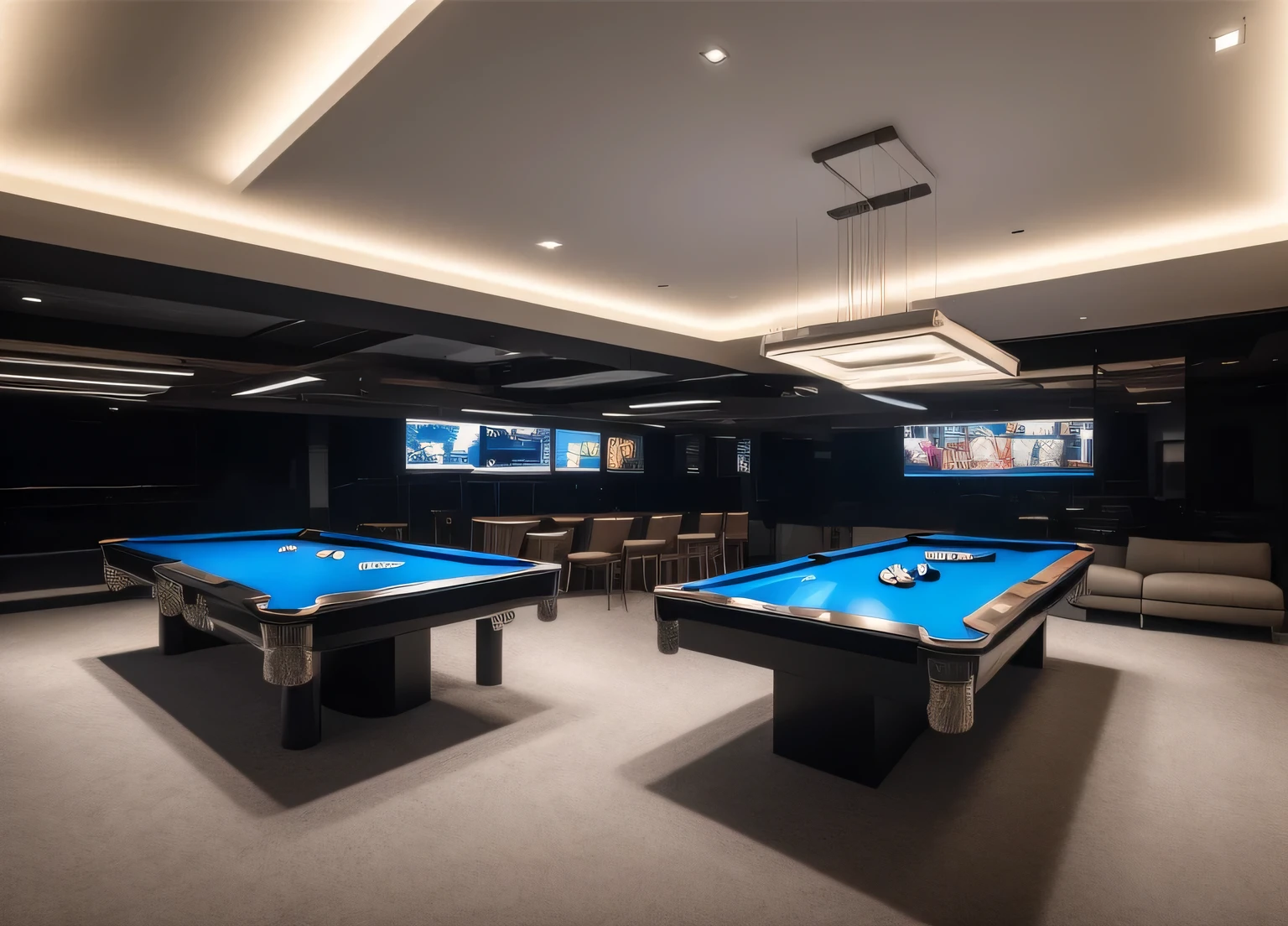 (masterpiece),(high quality), best quality, real,(realistic), super detailed, (full detail),(4k),8k,interior, large-sized modern room, lots of modern blue billiard tables, billiard equipment, modern RGB LED lights, modern lights, carpet, modern room, modern decoration,