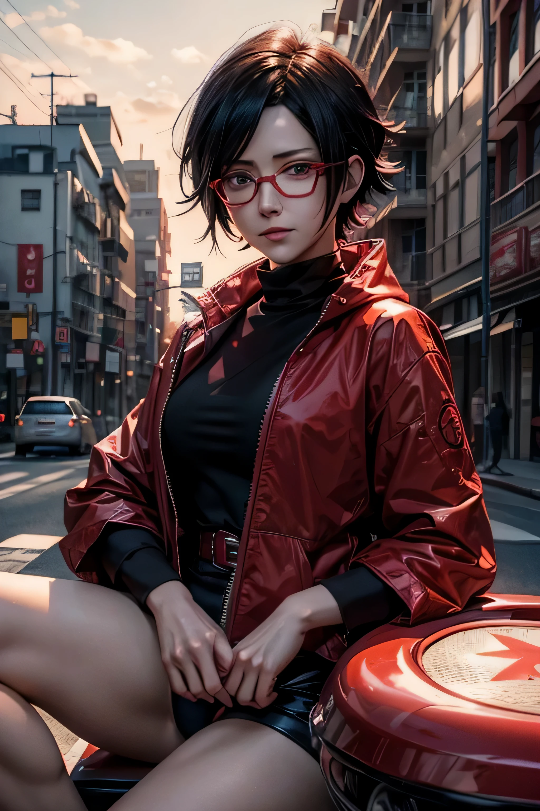 sarada uchiha from naruto,anime character sitting on a stop sign with a building in the background, sarada uchiha, huge , sarada uchiha from naruto, wearing red glass, short hair,high details face
((best quality)), ((masterpiece)), (detailed), perfect face