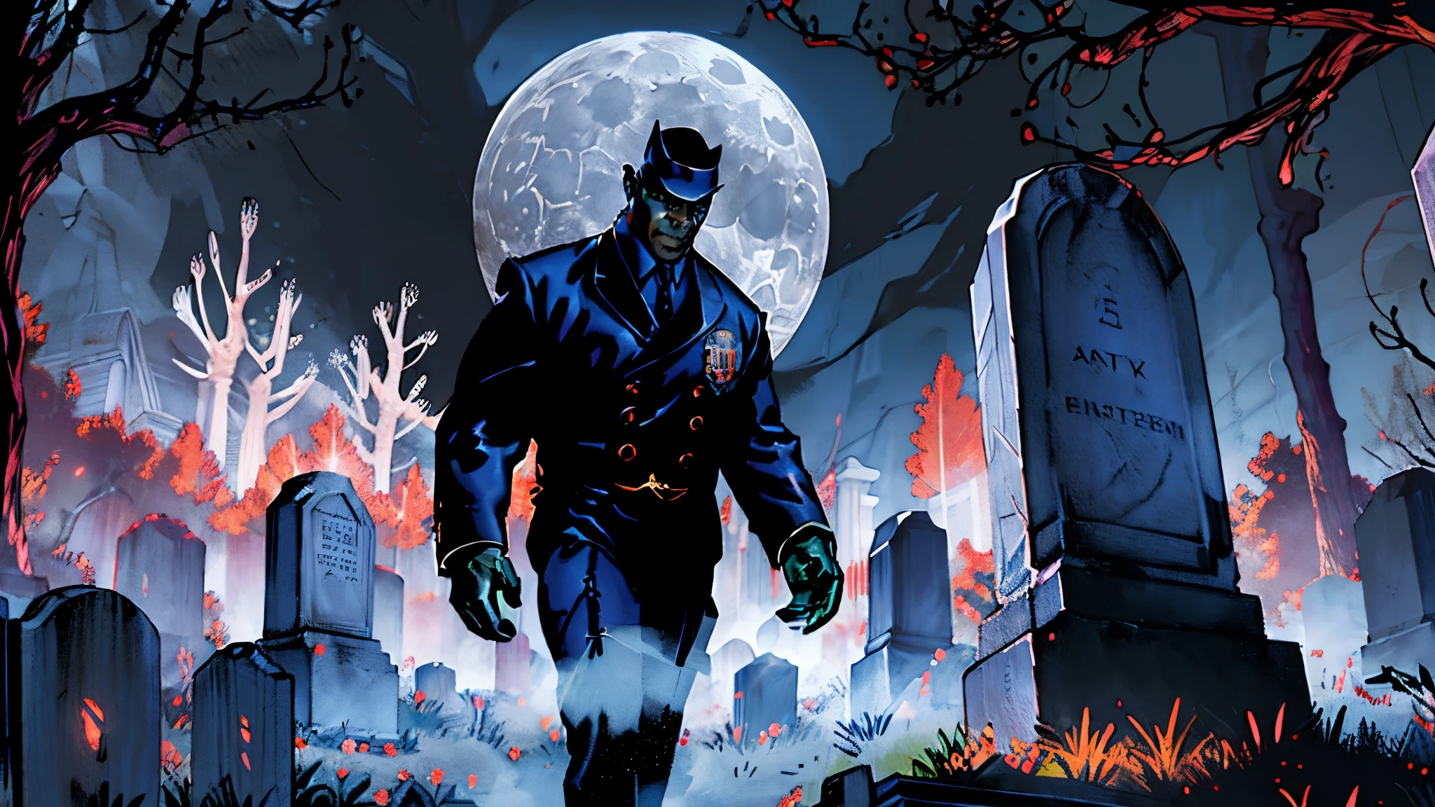 Cemetery security guard walks through a gloomy cemetery full of ghoulish trees and ancient tombs on a full moon night, encounters an evil creature surrounding a black aura