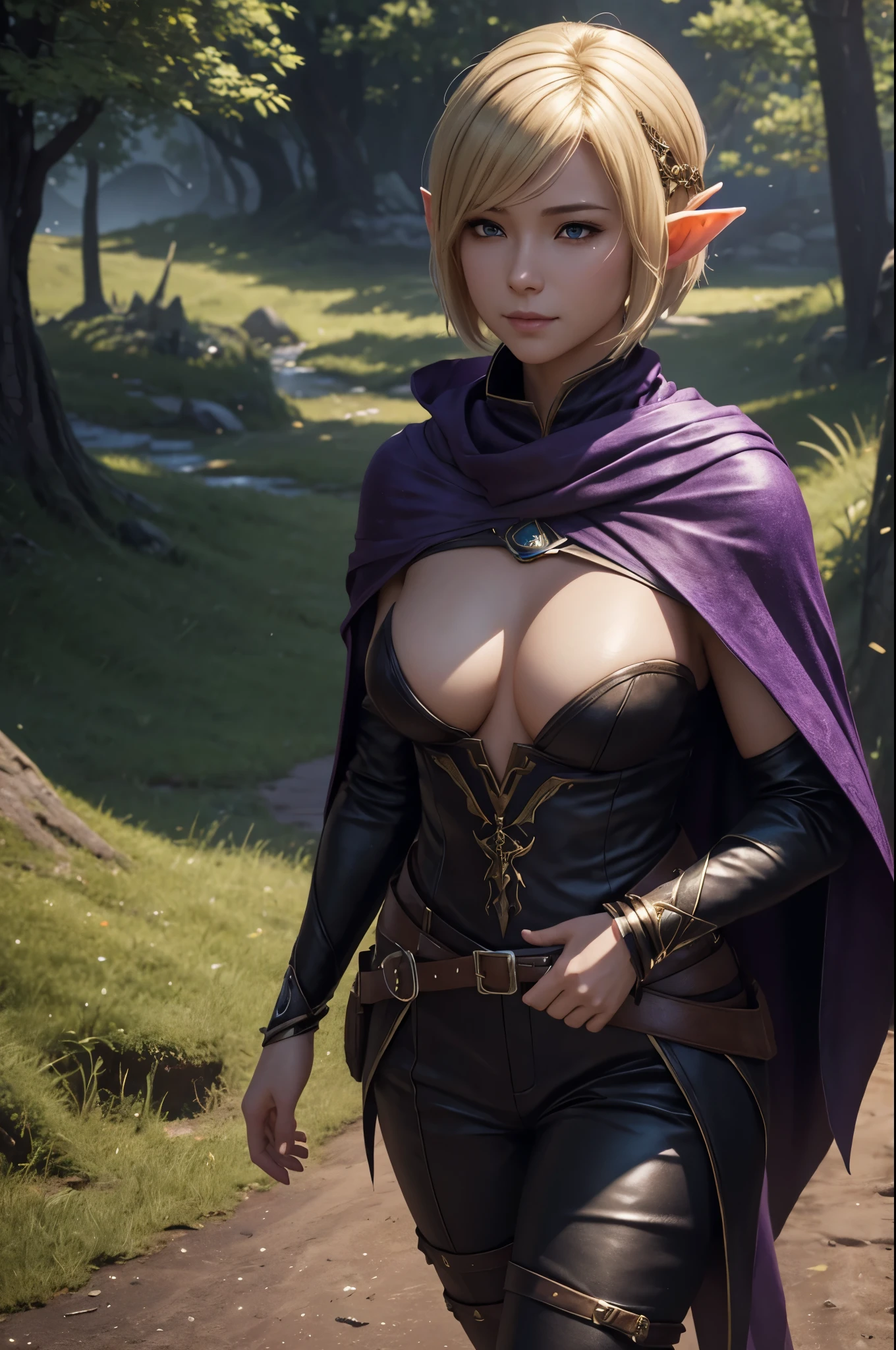 8k,Elf smiling blonde short bob hair,super beautiful(like the real thing),elf ears,An arafe woman wearing a sexy outfit hiding in a brown cloak is walking, super detailed Fantasy characterss, 3d rendering character art 8k, types of bacteria ; 3d unreal engine, fantasy costume, 4 k detail fantasy, 2. 5d cgi anime fantasy art work, Fantasy characters, gorgeous purple and black pants, seductive woman, 素晴らしいcharacter art,masterpiece,Photorealistic RAW photos of the highest quality。bright colors,rich colors, Backlight, cinematic lighting, film grain, to be born, 50mm lens, Nikon D850,realistic skin,character art,ultra high resolution,realistic skin,wilderness,small breasts,on the cliff,Adventurer's Costume,carry a bag,walk with half your face covered,hide your face,sharp gaze,small breasts,