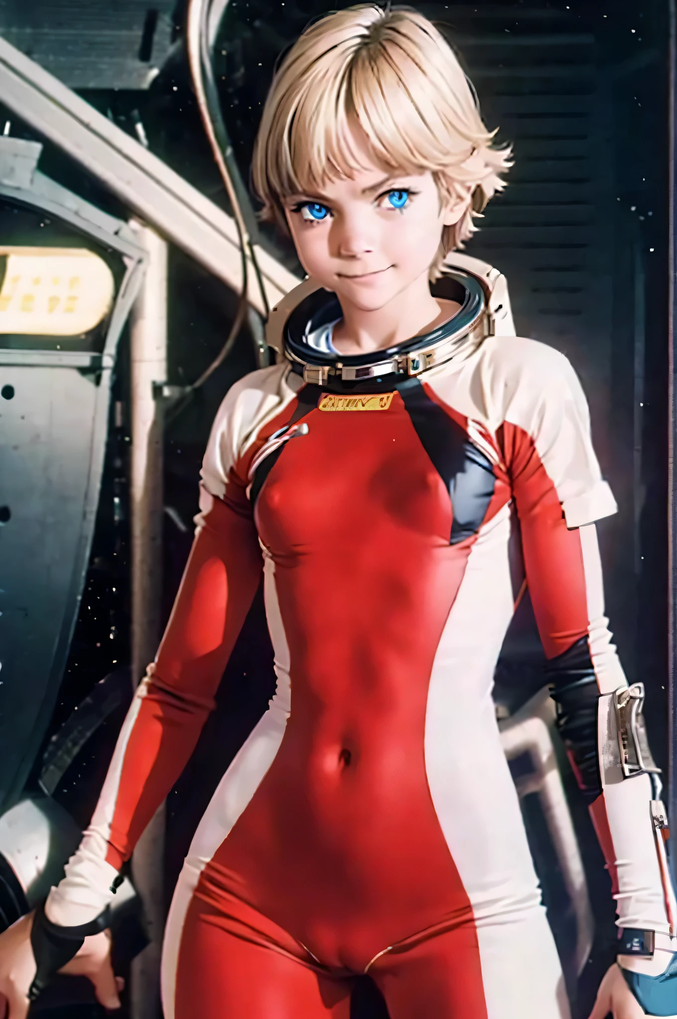 1 woman,5 years,,small ,small андероло,(Background with:spaceship,Artificial satellite,) She has blonde hair,Встаньте на spaceship,visible from the front, Mostly cloudy skies,(((the masterpiece),(Очень подробные обои CG Unity 8K),Best quality,cinematic lighting,detailed background,beautiful detailed eyes,bright students,Blue eyes,(very good and beautiful),(Beautiful and detailed description of the eyes),ultra - detailed,the masterpiece,)),Facing the camera,A high resolution,ultra - detailed),breast-baring,Bare genitals, convex,Legs open,raised sexy,camel toe,Flushed complexion,smile,Desire for dissatisfaction,facade,elementary school student,astronaut,(Tedious:Spacesuit), (red and white pilot suit, Tight clothes, beauty, cheerful, beautiful, slender body, exoskeleton) Alisa Selezneva