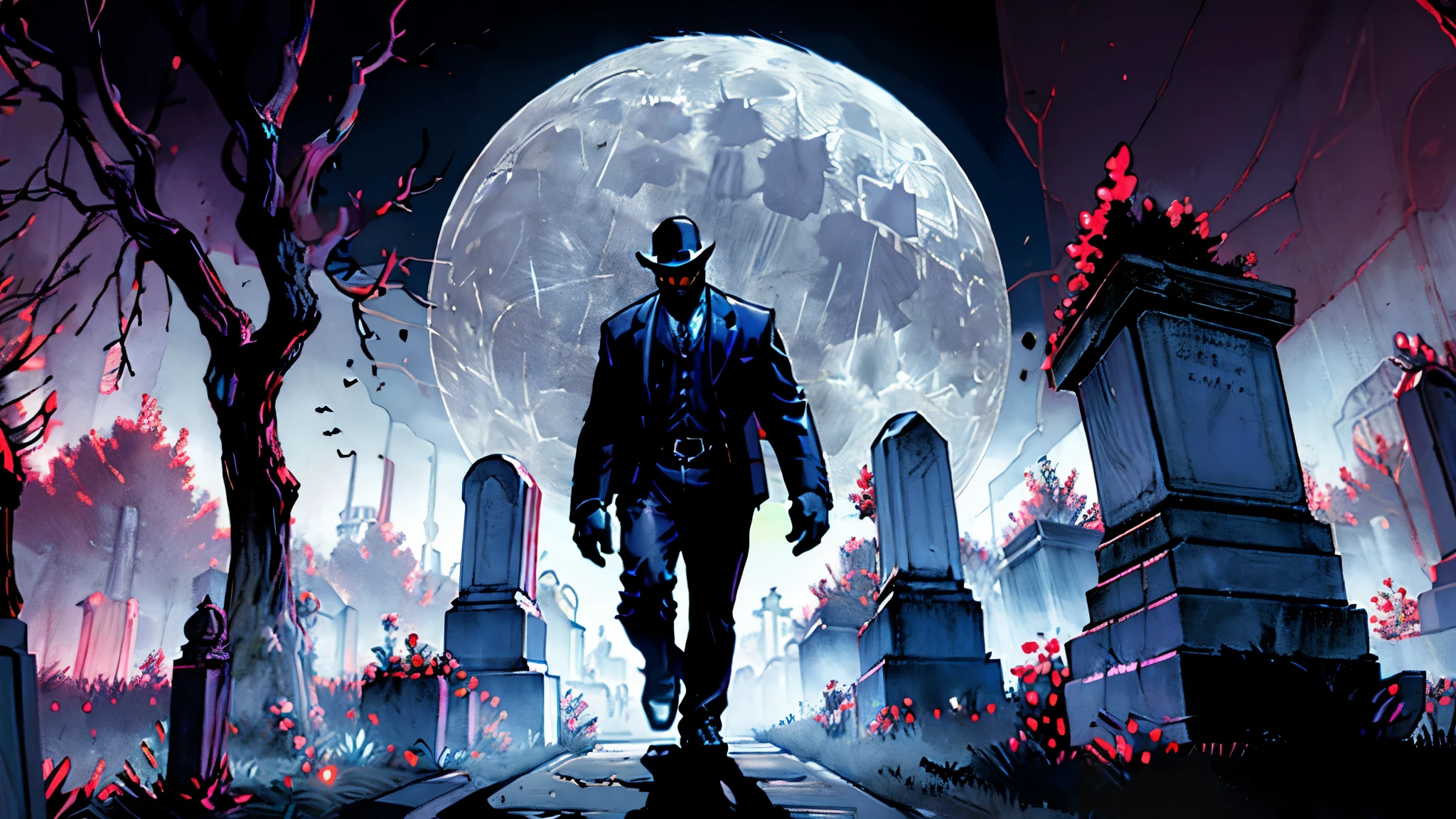 Cemetery security guard walks through a gloomy cemetery full of ghoulish trees and ancient tombs on a full moon night, encounters an evil creature surrounding a black aura