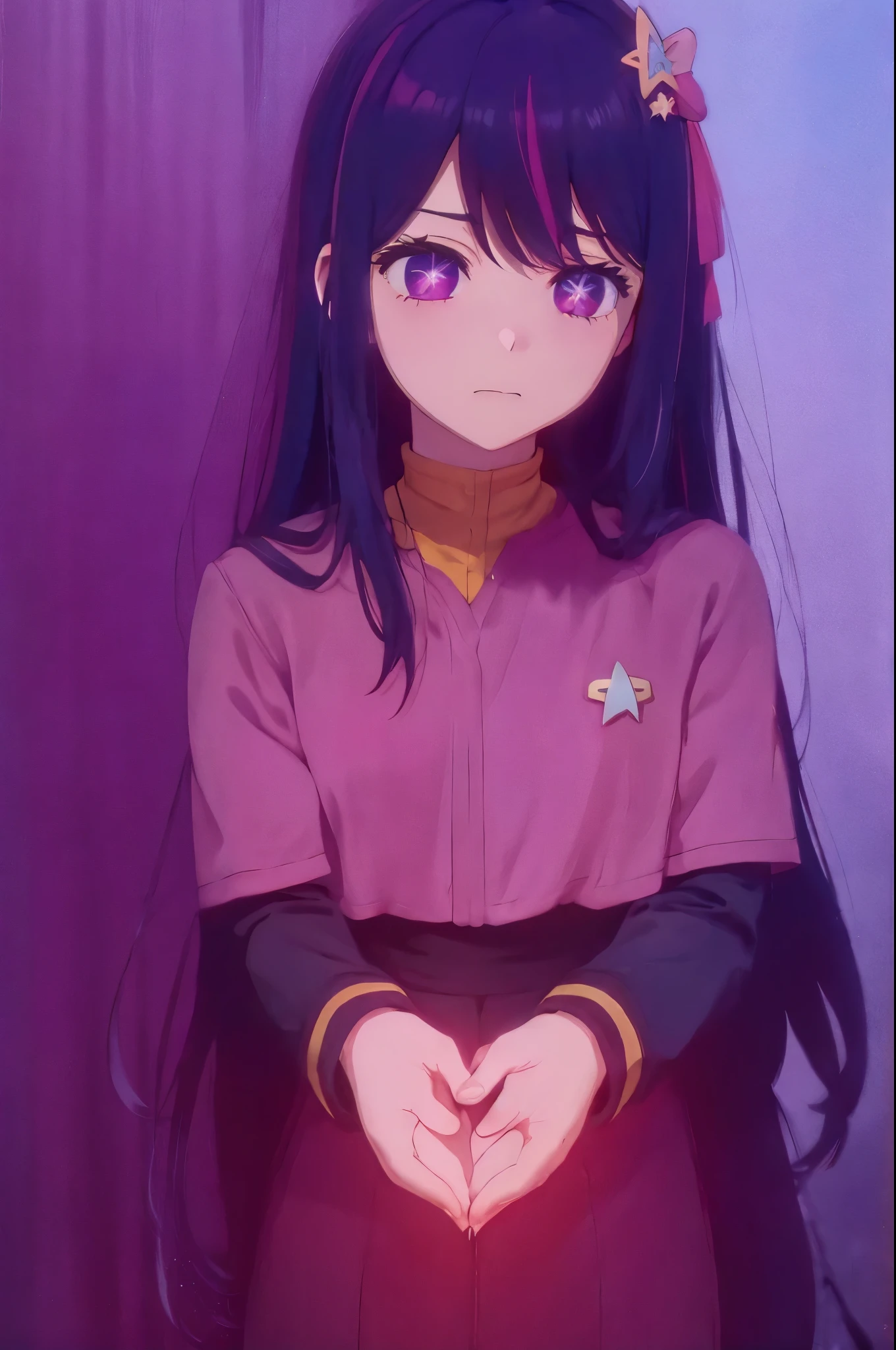 Hoshino Ai, long hair, purple hair, streaked hair ,purple eyes, star-shaped pupils, hair ornament,  
ds9st red and black uniform ashamed expression