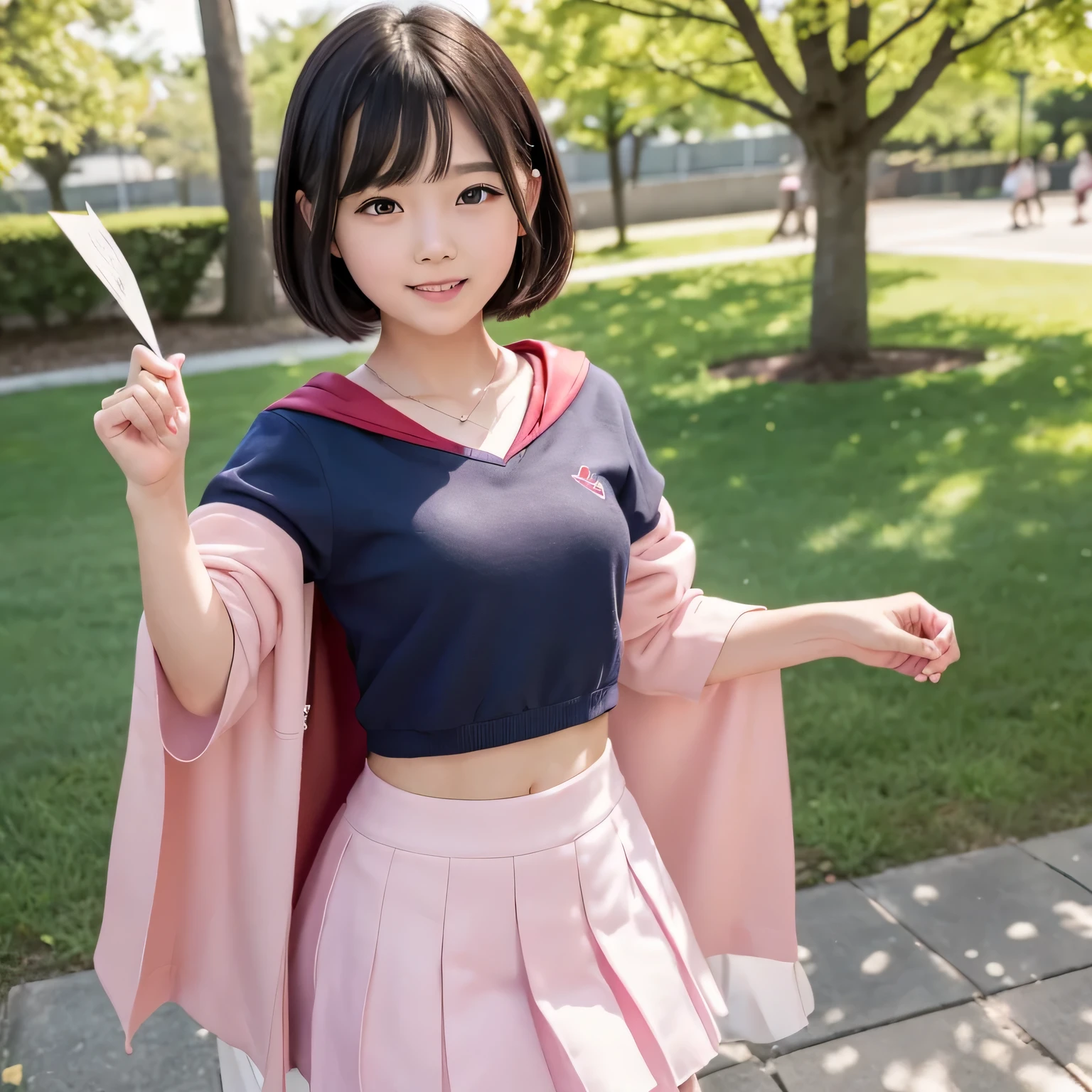 A very elementary school student is wearing Supergirl clothes..、masterpiece、highest quality、Spreading black hair、bob cut with trimmed ends、lolicon、red cloak、short sleeve、belly button、(A lot of shining heart particles are dancing in the air)、smiling mouth、blush、look forward while looking down、(Standing right next to a big cherry tree)、(Holding the letter in my hand to my chest)、(I have a pink love letter)