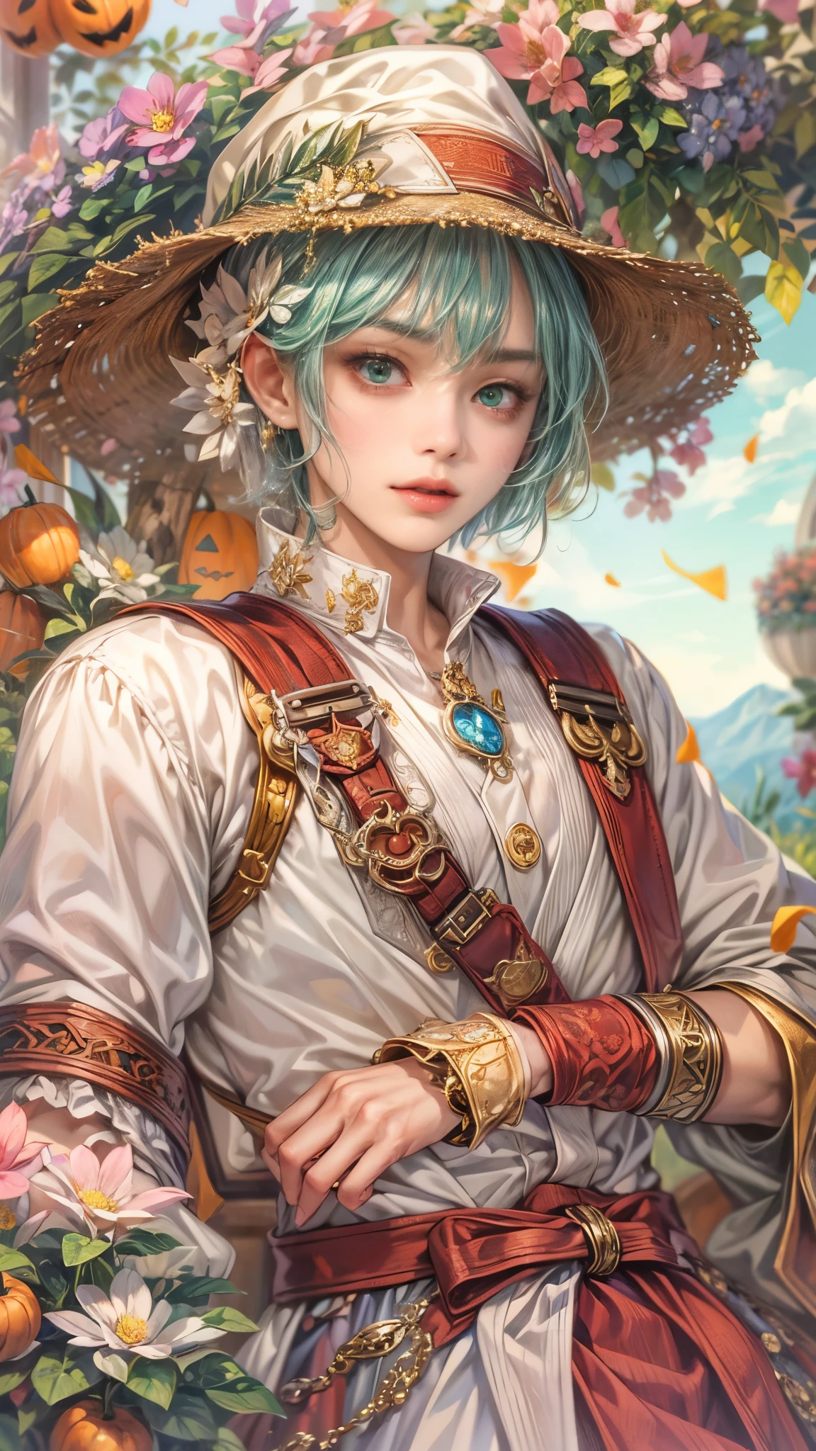 (absurdres, highres, ultra detailed, HDR), masterpiece, intricate details, best quality close-up picture of a character from Ragnarok Online, a character with handsome looks, korean face, original hair, short hair, anime green eyes, silly face, matured , Halloween theme outfit showing chest, crop top, detailed flowery greenhouse with sky background, festive scenery, detailed character, art kenouji