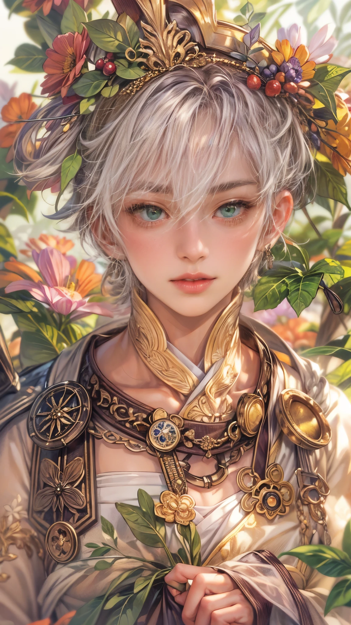 (absurdres, highres, ultra detailed, HDR), masterpiece, intricate details, best quality close-up picture of a character from Ragnarok Online, a character with handsome looks, korean face, original hair, short hair, anime green eyes, silly face, matured teen, Halloween theme outfit showing chest, crop top, detailed flowery greenhouse with sky background, festive scenery, detailed character, art kenouji