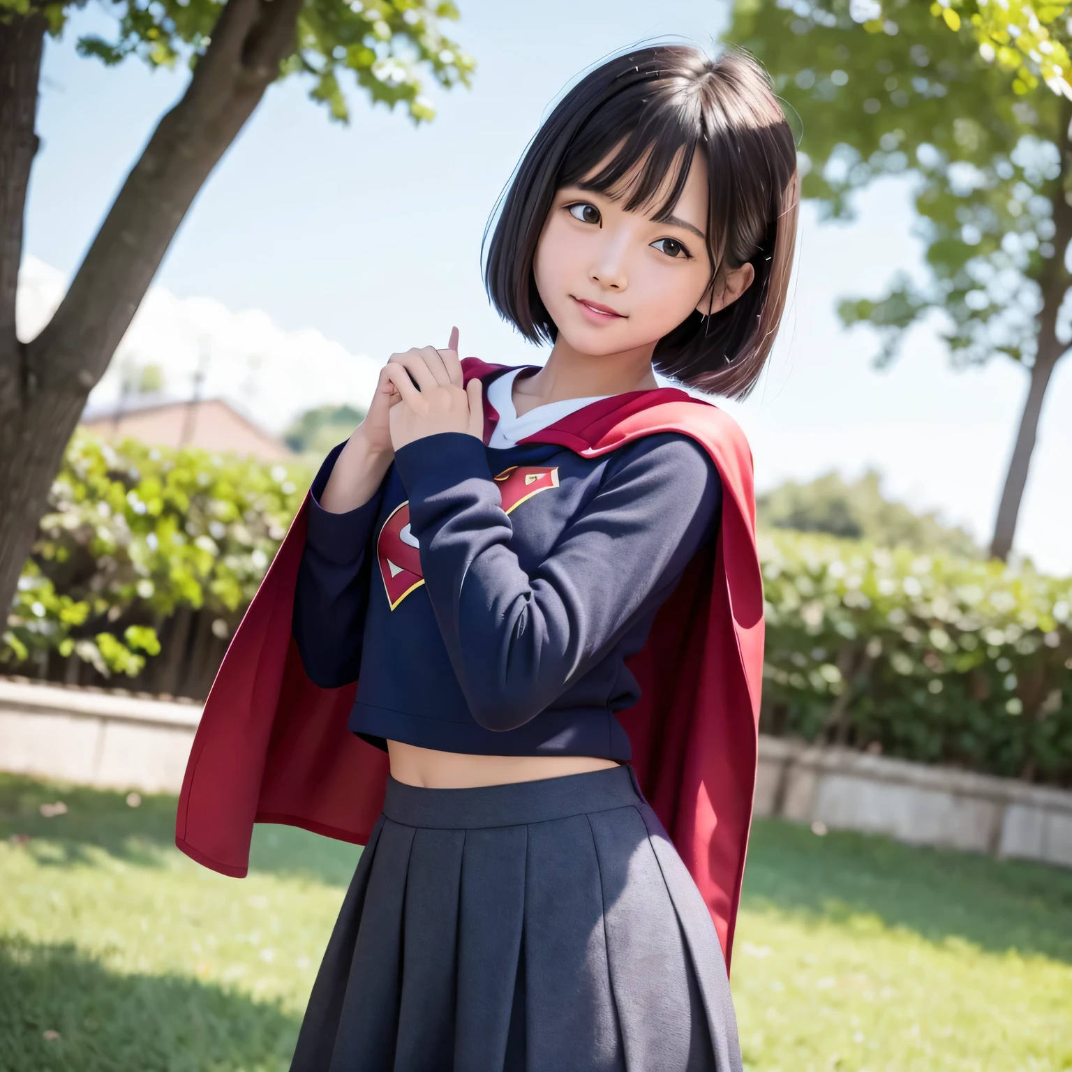 A is wearing Supergirl clothes..、masterpiece、highest quality、Spreading black hair、bob cut with trimmed ends、lolicon、red cloak、short sleeve、belly button、(Many red heart particles are dancing in the air)、smiling mouth、blush、look forward while looking down、(Standing right next to a big cherry tree)、(Holding the letter in my hand to my chest)、(I have a pink love letter)