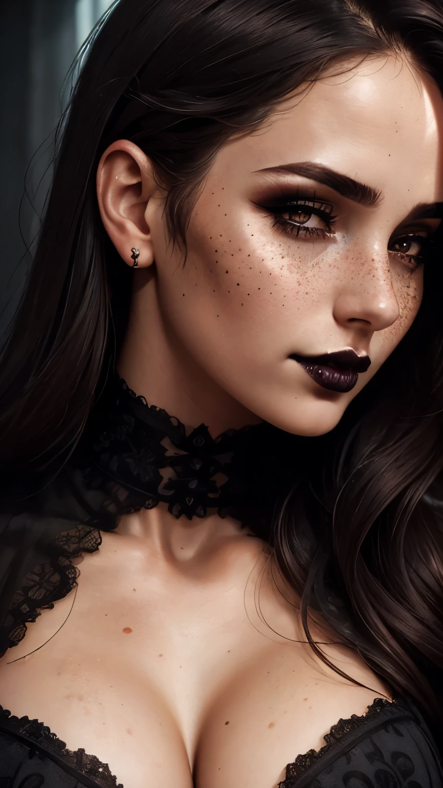 (best quality, hyperdetailed photography:1.2), beautiful lady, freckles, gothic dark makeup, soft light, massive perfect breast,head and breast portrait, cover, (detailed beautiful face, detail skin texture, ultra-detailed body:1.1) sexy vampire girl,