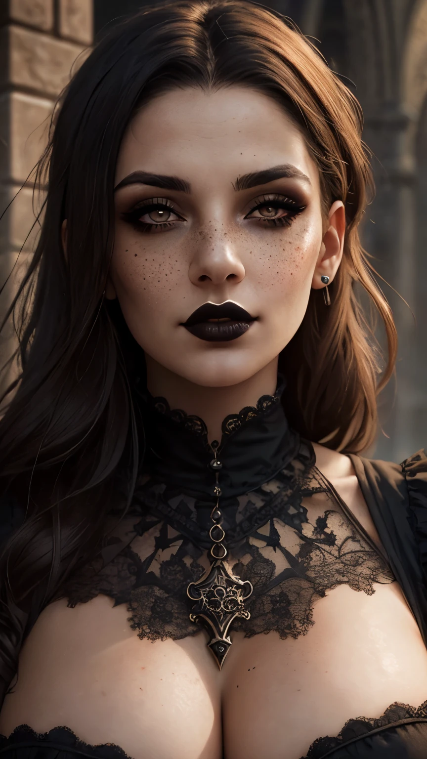 (best quality, hyperdetailed photography:1.2), beautiful lady, freckles, gothic dark makeup, soft light, massive perfect breast,head and breast portrait, cover, (detailed beautiful face, detail skin texture, ultra-detailed body:1.1) sexy vampire girl,