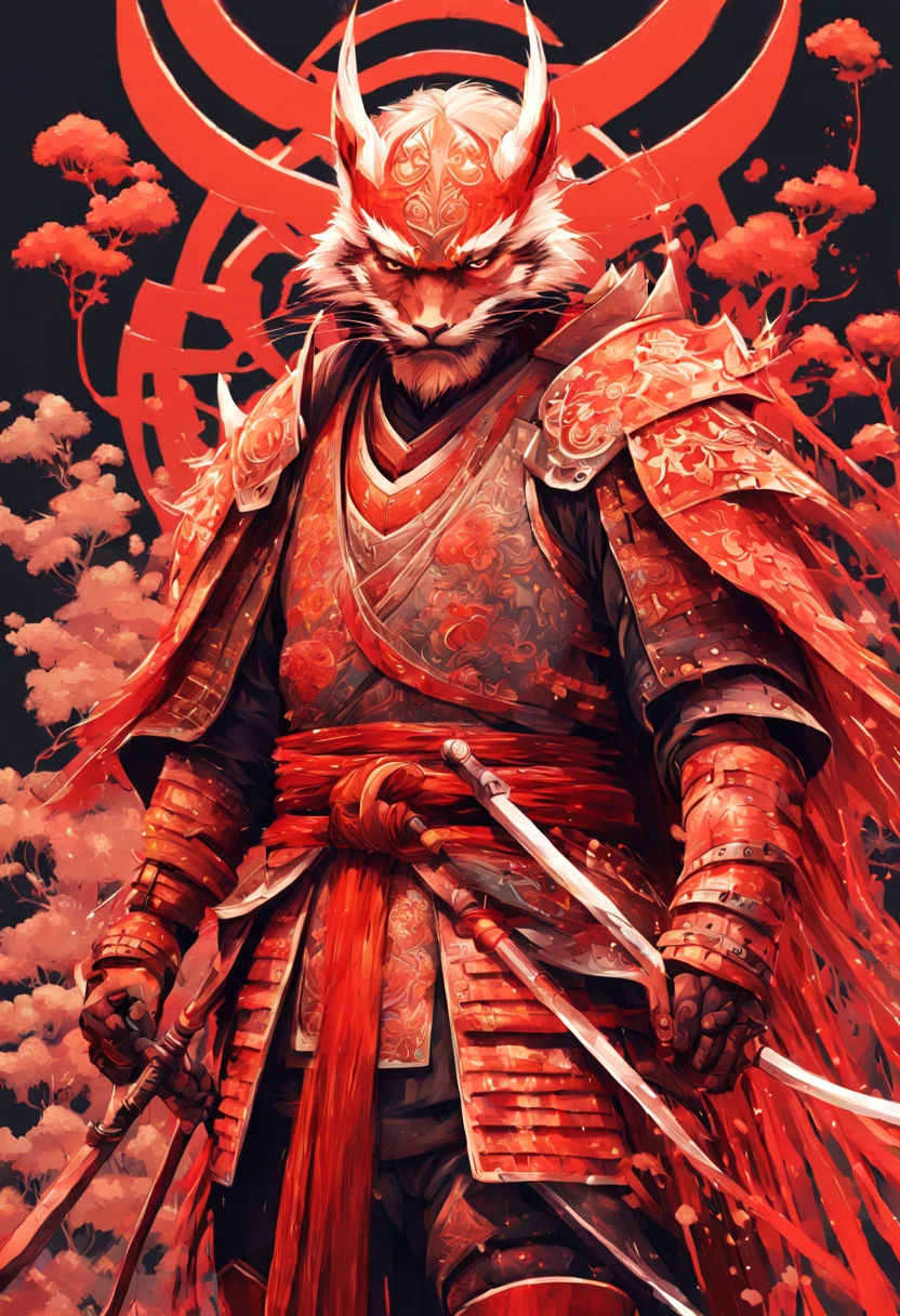 Fluffy Samurai in Red Armor, highly detailed, intricate motifs, organic tracery, perfect composition, digital painting, artstation, concept art, smooth, sharp focus, illustration, Carne Griffiths, pixar, Victo ngai, Jean Baptiste Monge, shiny aura Photograph Taken on Nikon D750, Intricate, Elegant, Digital illustration