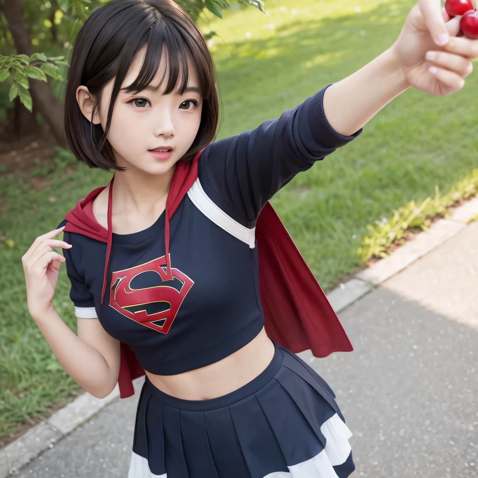 A  is wearing Supergirl clothes..、masterpiece、highest quality、Spreading black hair、bob cut with trimmed ends、lolicon、red cloak、short sleeve、belly button、(many red hearts dancing in the air)、smiling mouth、blush、look forward while looking down、(Standing right next to a big cherry tree)、(holding a pink letter)