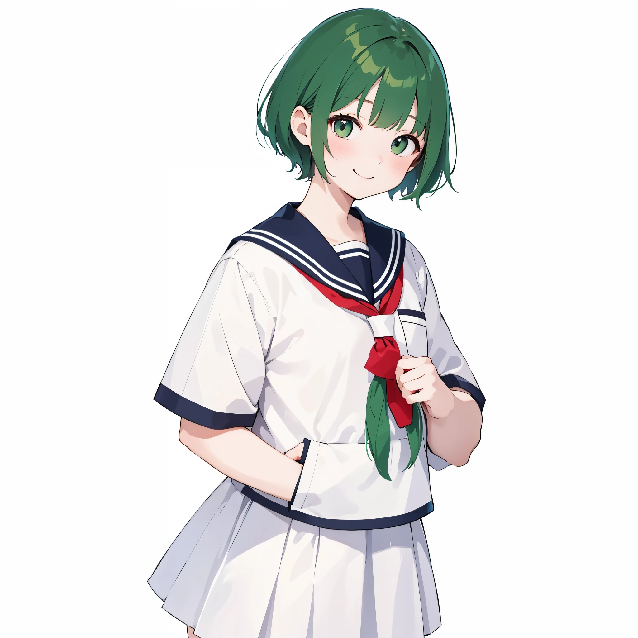 一个日本女子middle school生,woman,Sailor suit,Smile,JK,middle school,short hair,green hair,Eye,protrait photo,pure white background