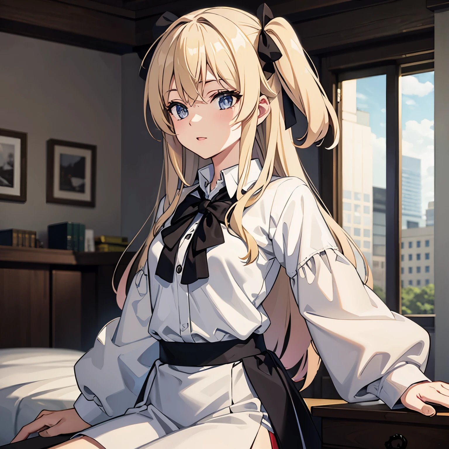 Waist, blonde, gray eyes, white top and black bow, sweetie