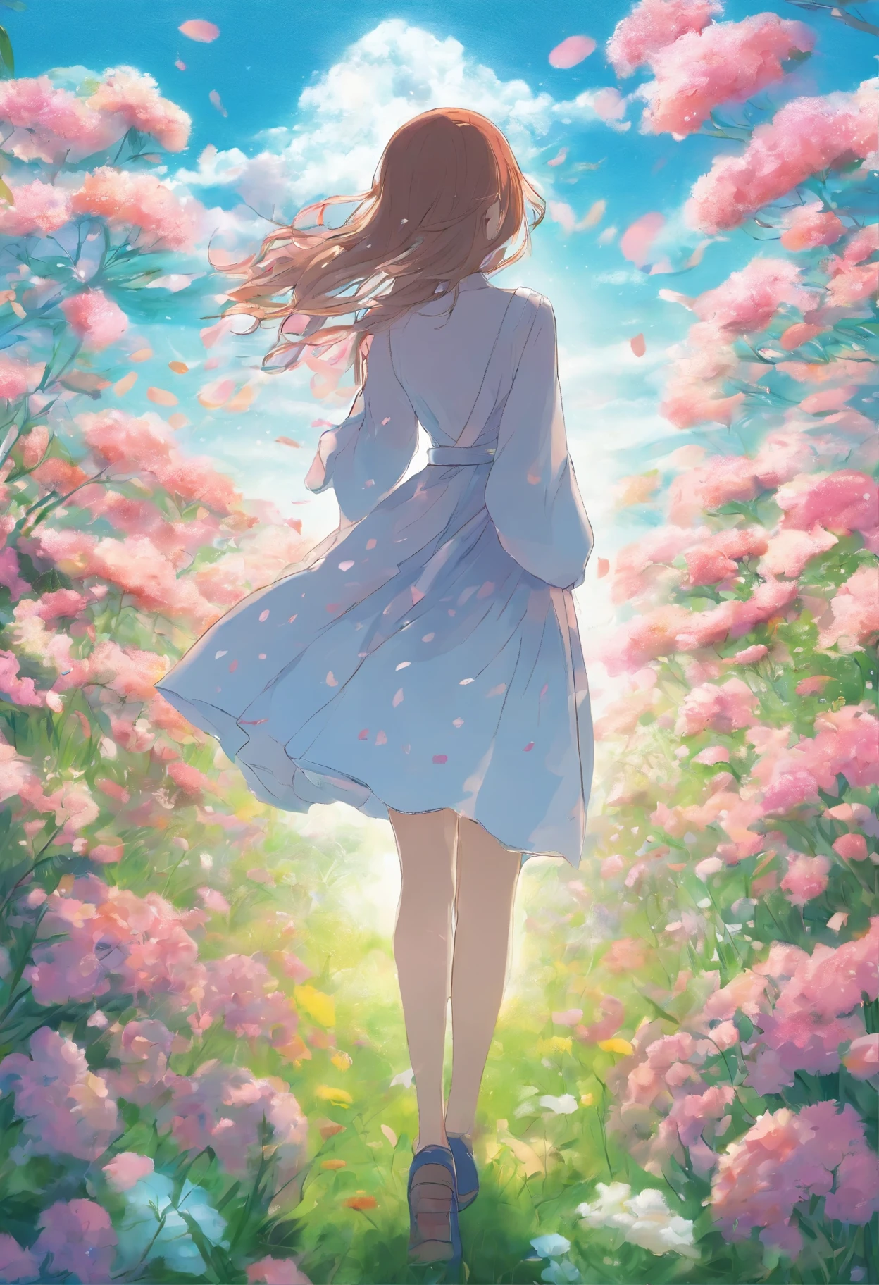 there is a poster of a woman walking through a field of flowers from far angle , . digital art, by Marshall Arisman, cover illustration, , book cover illustration, by Brigette Barrager, album cover, novel cover art for a book, art concept for a book cover, cover art, official fanart, romance book cover style, by Ayami Kojima, mazarineee, album art, album cover!, aquamarine, the album is called tripmachine, detailed fanart, detailed photo of an album cover