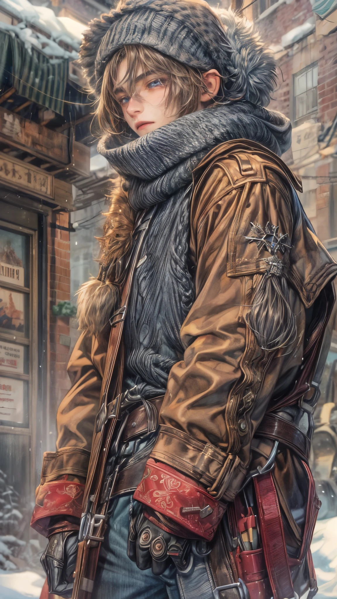 (absurdres, highres, ultra detailed, HDR), masterpiece, intricate, best quality, portrait of a teenage boy hero from Final Fantasy IX, short hair, korean face, anime eyes, winter outfit detailed interiors slums, detailed character