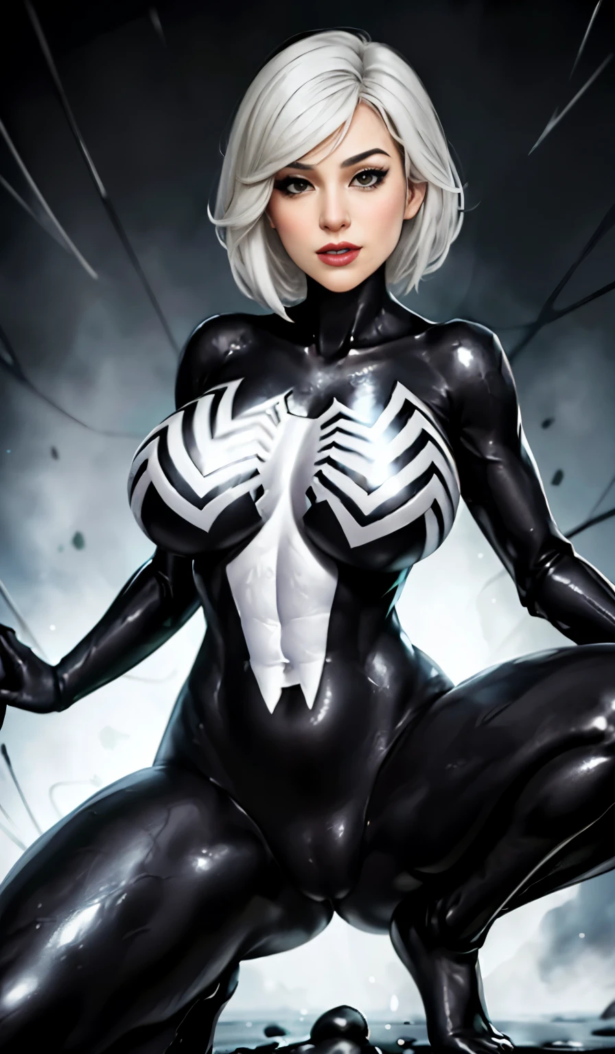 4K，realisticlying，Glamorous，The  very detailed，There  a girl in Dingcheng，Wearing a black Spider-Man costume，（Black and white：1.4） the night,symbiote，venomize，a large amount of mucus,she  a spiderman，Black superhero theme，In front of the sky，Flushed complexion，( Open legs， camel-toe，， Vulvar shape：1.3）,(GGCameltoe:1.3)Legs apart，25 age old，full bodyesbian