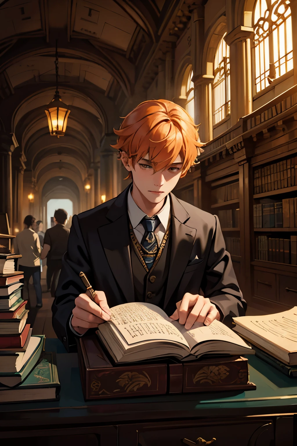 short-haired young bibliomaniac is in an ancient library of Alexandria or Babylon. or in a library in ancient Egypt he has orange hair and another young man looks at him and dark in his room, sentado y leyendo de espaldas a su escritorio lleno de libros desordenados mientras lee en la oscuridad, a somewhat depressing atmosphere with anatomy and science things.