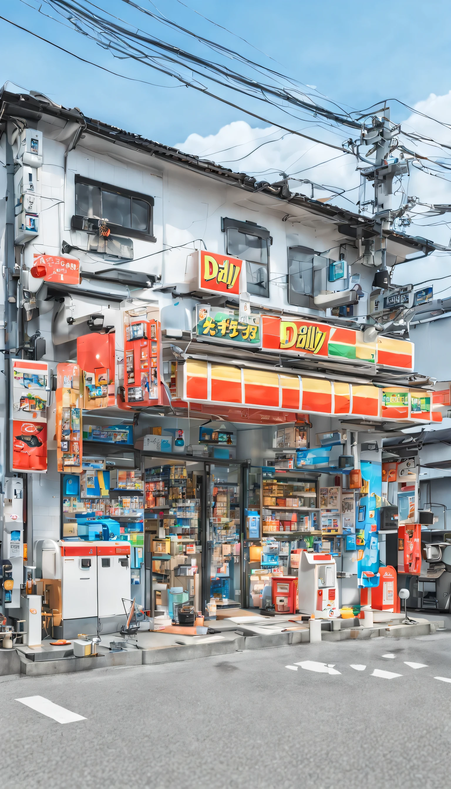 masterpiece, highest quality, Super detailed, shape,
YamazakiDaily, convenience store, scenery, shop頭, Day本, 地上car両, outdoors, null, cloud, 自動car, car, scenery, Day, convenience store, road, blue null, shop, power line, telephone pole, street