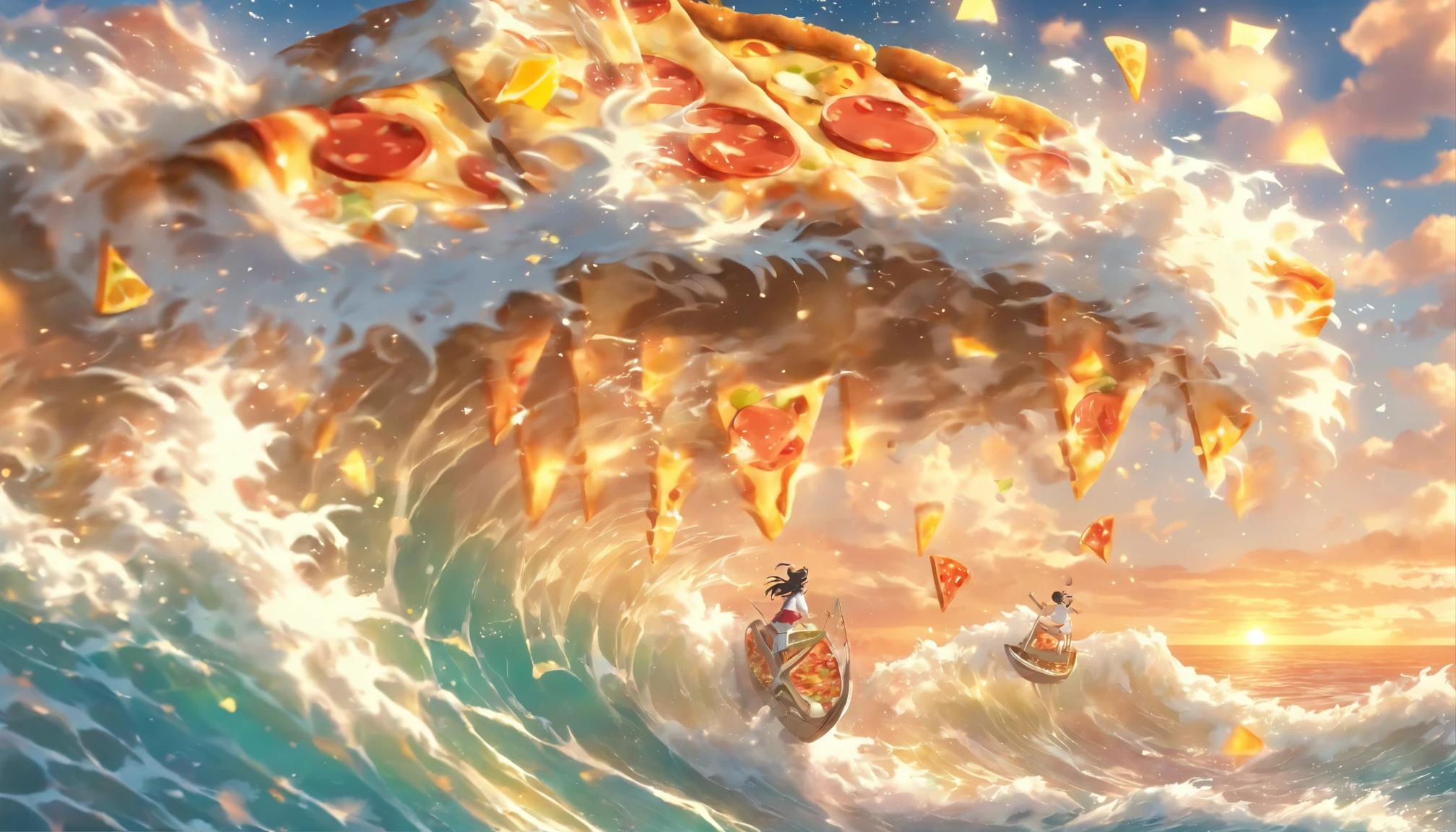 Pizza flies on the crest of a huge wave, waves on the seashore, sunny summer seascape