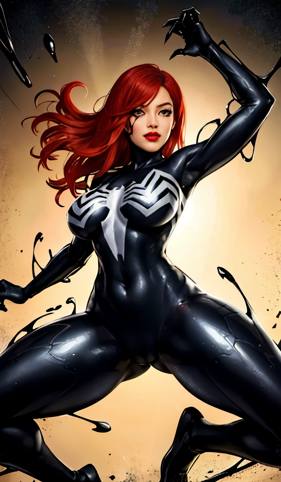 4K,realisticlying,Glamorous,The very detailed,There a girl in Dingcheng,Red hair,Wearing a black Spider-Man costume,(Black and white:1.4) the night,symbiote,venomize,a large amount of mucus,she a spiderman,Black superhero theme,In front of the sky,Flushed complexion,( Open legs, camel-toe,, Vulvar shape:1.3),(GGCameltoe:1.3)Legs apart,25 age old,full bodyesbian