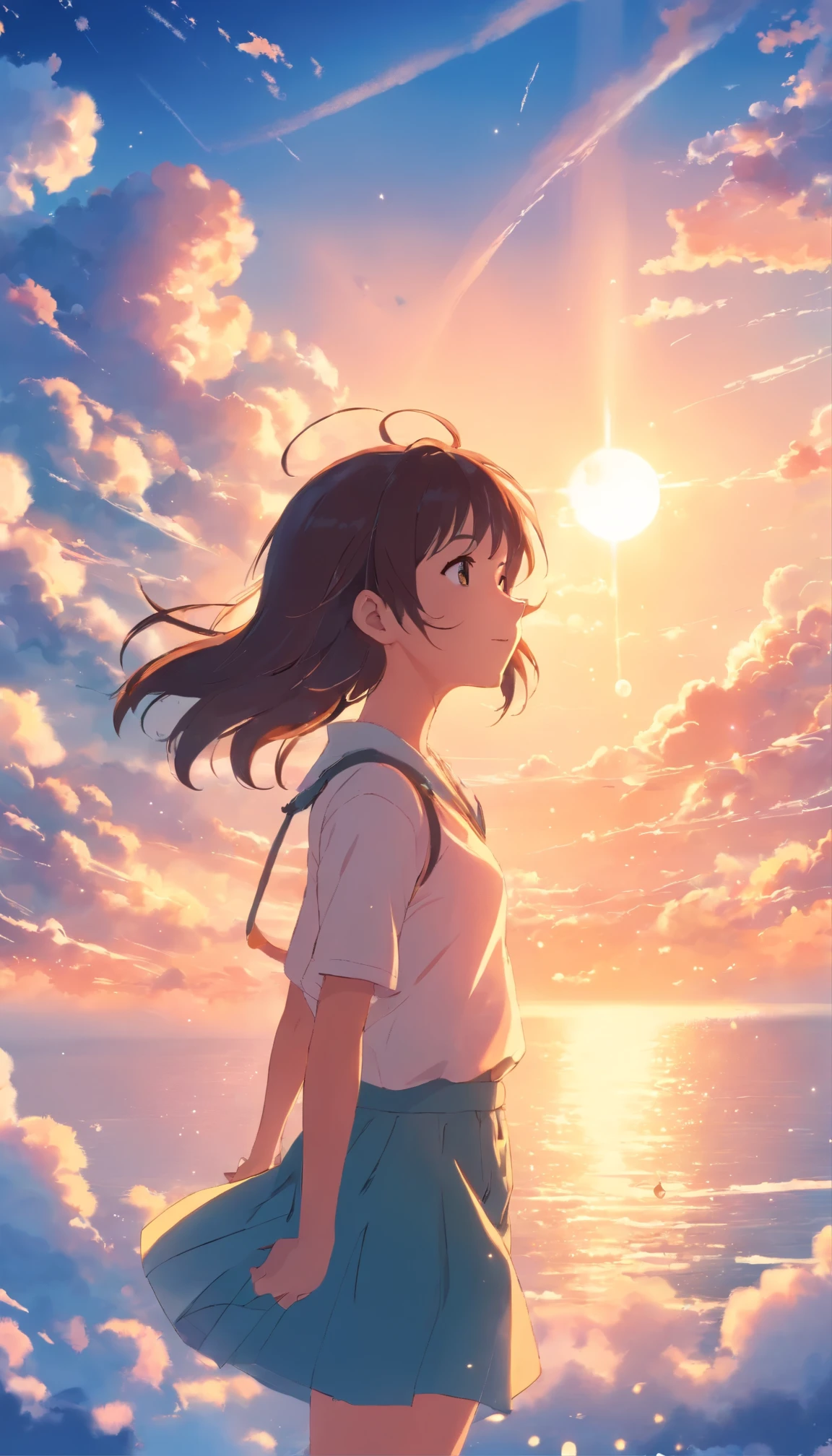 masterpiece, best quality, movie still, 1girl, cloud girl, floating in the sky, close-up, bright, happy, warm soft lighting, sunset, (sparks:0.7)