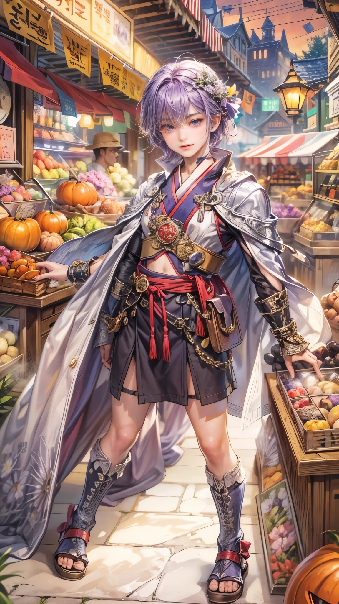 (absurdres, highres, ultra detailed, HDR), masterpiece, intricate details, best quality close-up picture of a character from Ragnarok Online, a character with handsome looks, korean face, original hair, short hair, anime purple eyes, silly face, matured , Halloween  theme outfit showing chest, crop top, detailed flowery town market background, festive scenery, detailed character, art kenouji