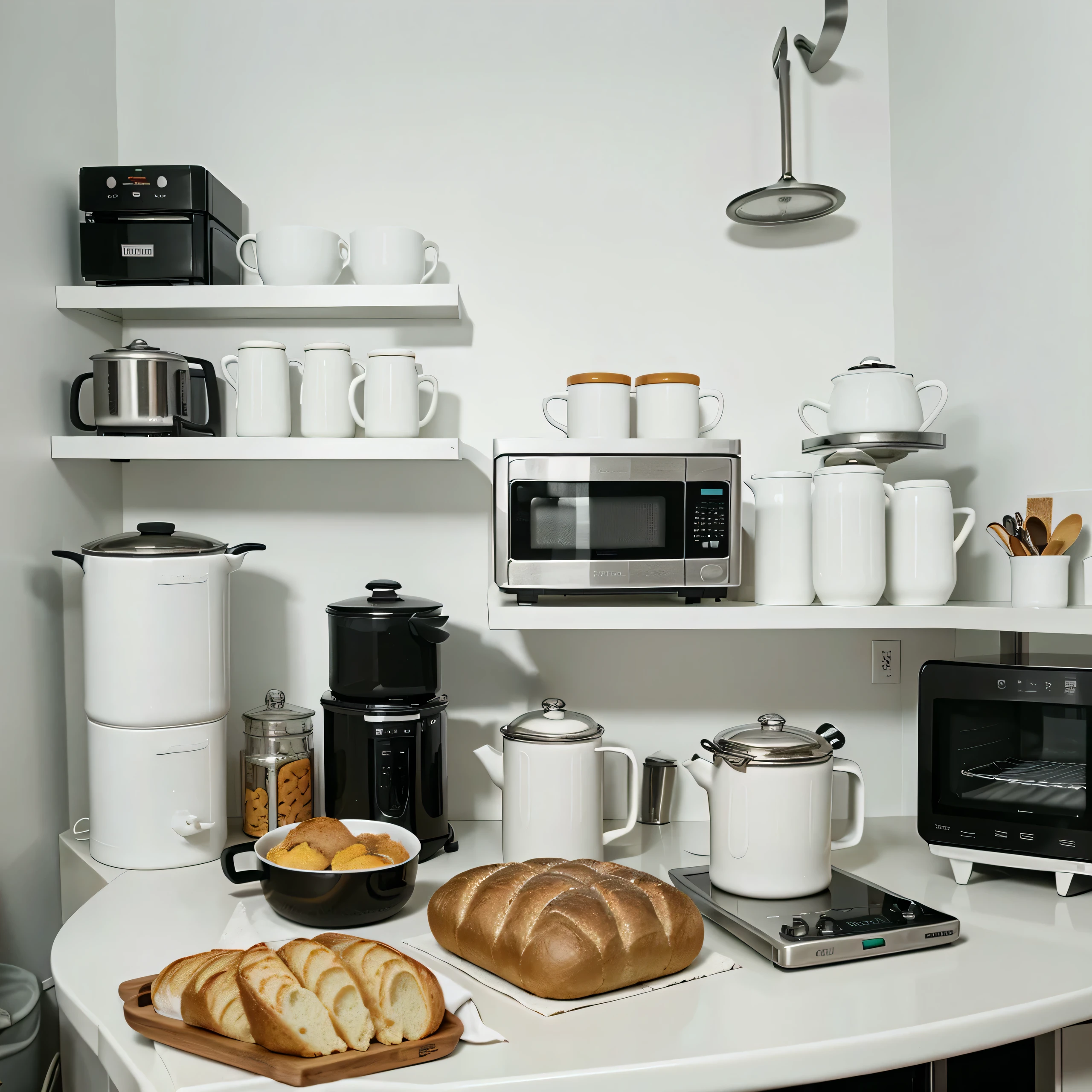 pot,thermal mug,kitchen knife,Thermos,Baker,Blender,steamship,on the kitchen table,microwave oven,White wall in the background,high quality