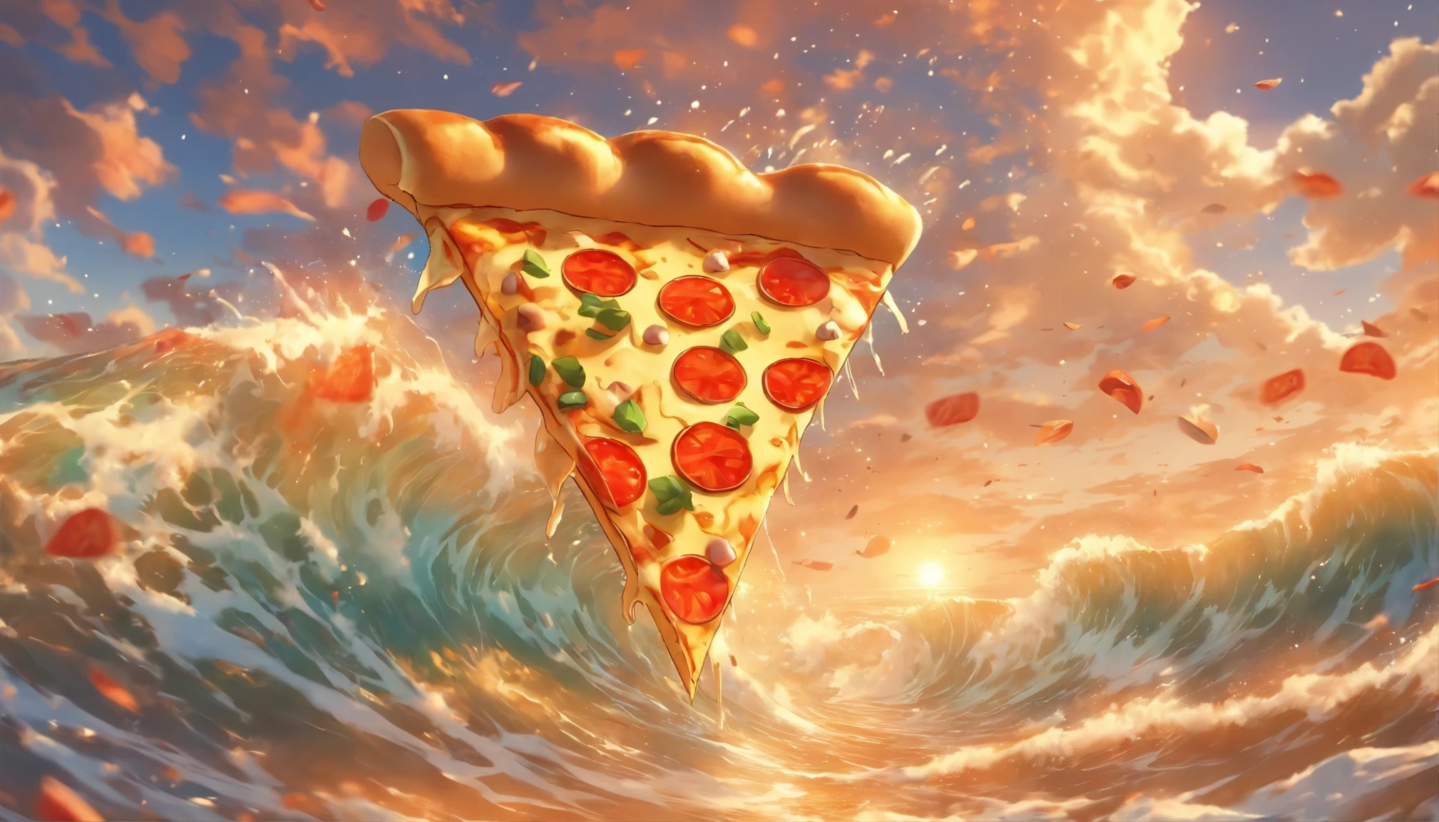 Pizza flies on the crest of a huge wave, waves on the seashore, sunny summer seascape