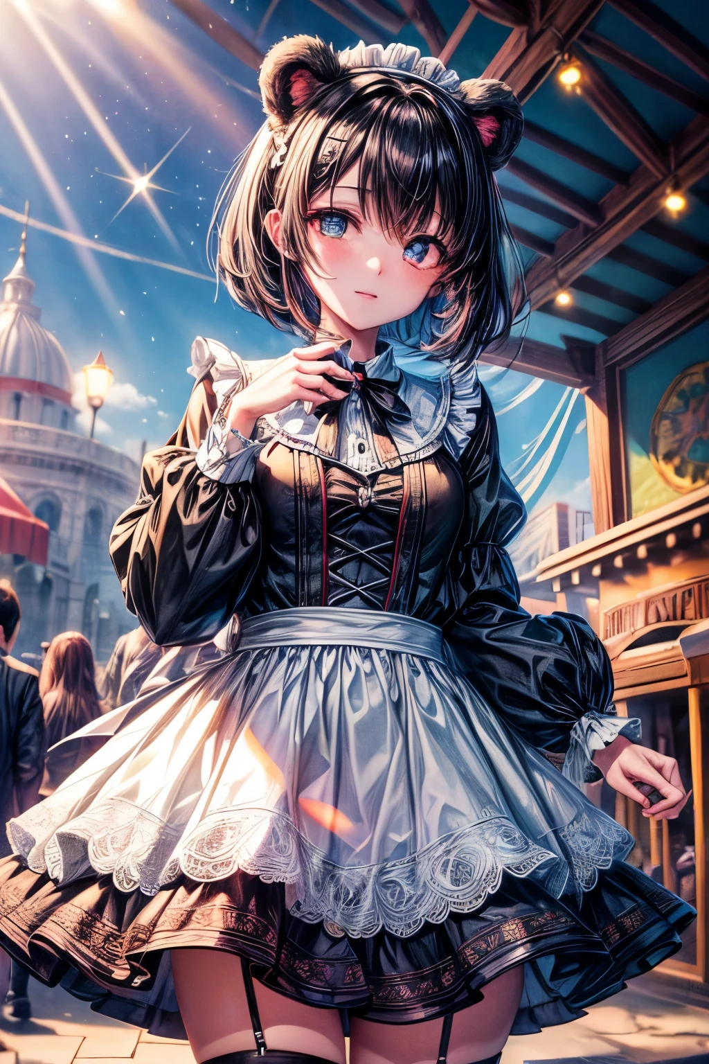 (32k), ((worst quality, low quality)), ((Bear-eared furry girl)), (Gothic ta), ((Black hair berry berry short)), (((hair above one eye))), (((One eye is hidden by hair))), plump and glossy lips, beautiful clear purple eyes, spoken word heart, Large slouched posture, (amusement park background), ((shining sunlight)), (light particles, shine of light, light:1.4), muste piece,best quality,Super detailed,