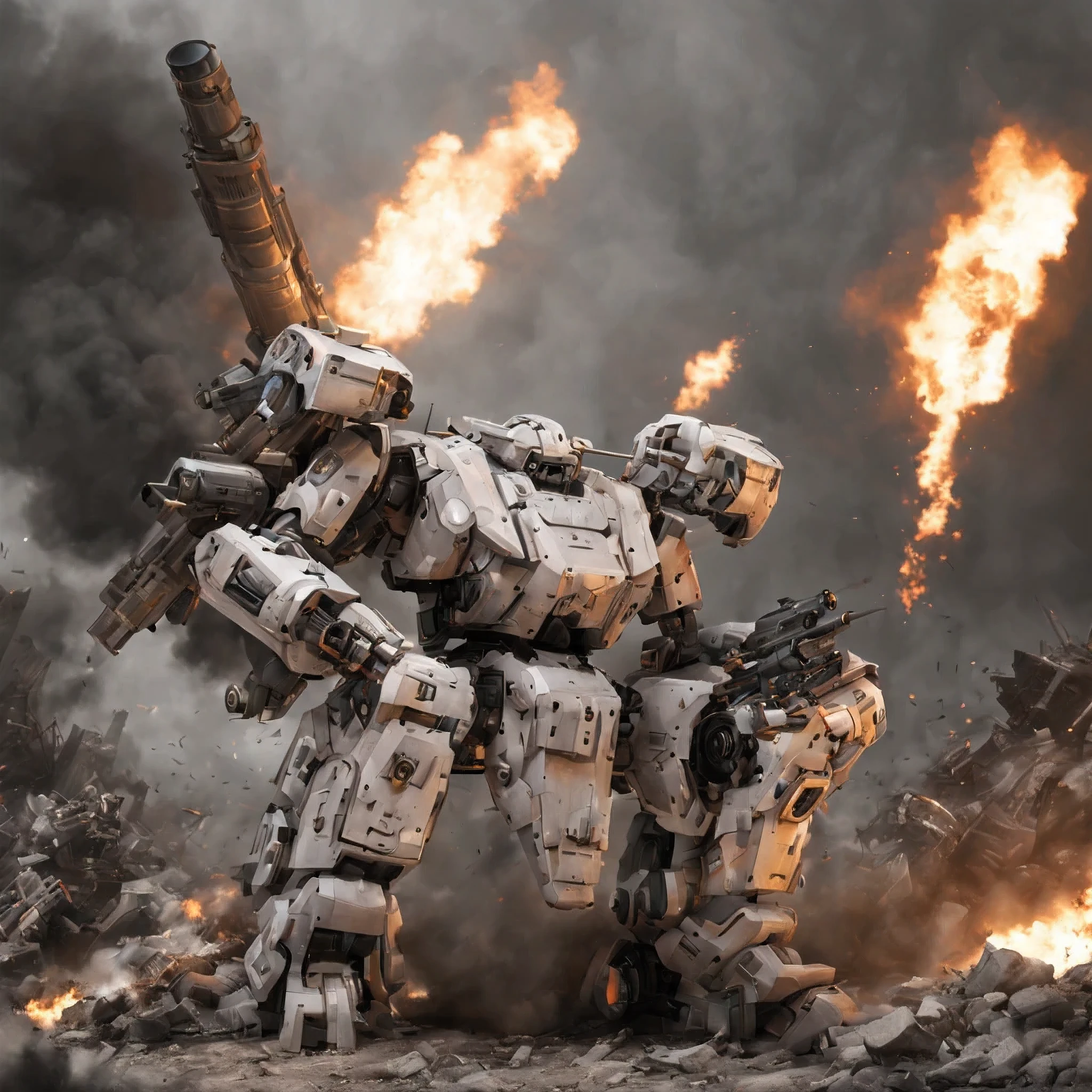 giant robot is kneeling, calm head, combat readiness, rifle, missile pod, machine gun, Huge cannon, very detailed, battlefield, fire, cigarette, explosion, super robot style,