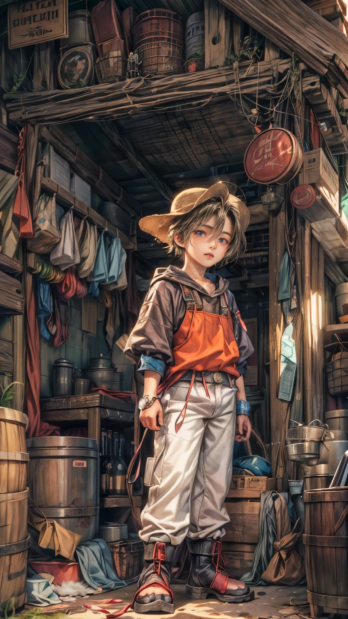 (absurdres, highres, ultra detailed, HDR), masterpiece, intricate, best quality, portrait of a age boy hero from Final Fantasy IX, short hair, korean face, anime eyes, Farmer outfit detailed interiors slums, detailed character