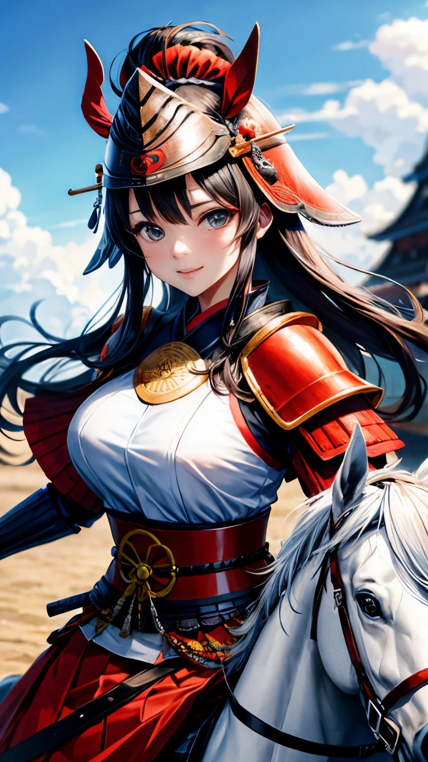 Beautiful girl busty Japan samurai wearing armor helmet riding a horse