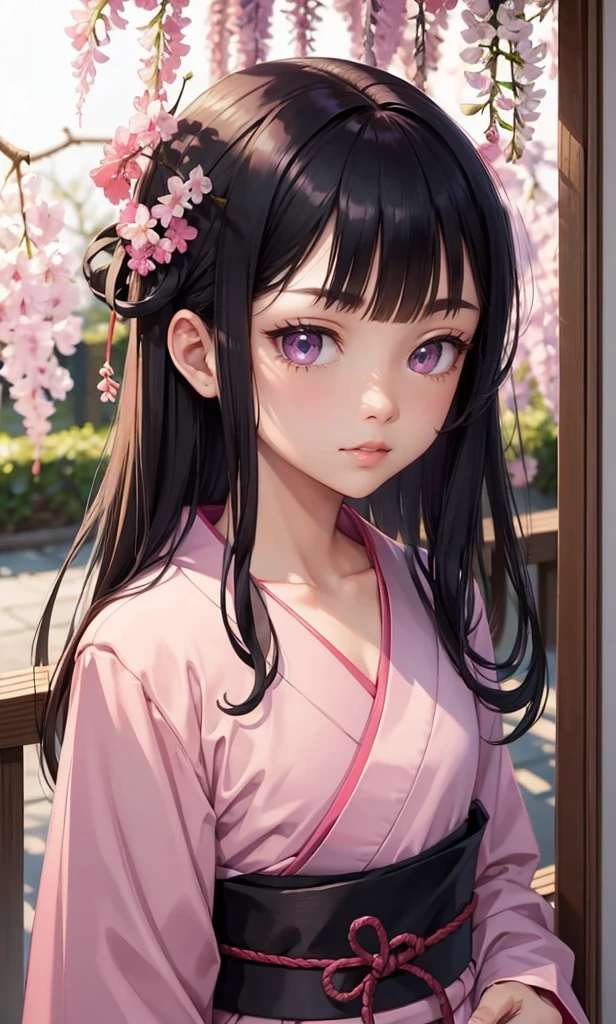masterpiece, (pink kimono), seductive face, good lighting, low-cut, small details, masterpiece, glowing eyes, 1girl, black hair, on face, Nezuko Kamado, wisteria background, masterpiece, best quality, POV, erotica