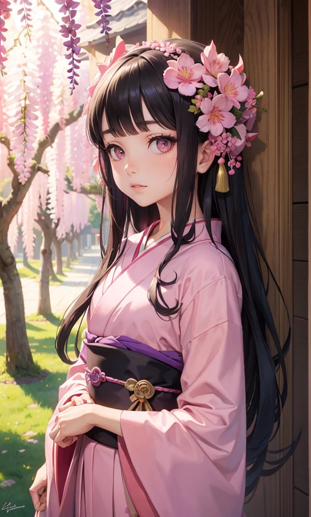 masterpiece, (pink kimono), seductive face, good lighting, low-cut, small details, masterpiece, glowing eyes, 1girl, black hair, on face, Nezuko Kamado, wisteria background, masterpiece, best quality, POV, erotica