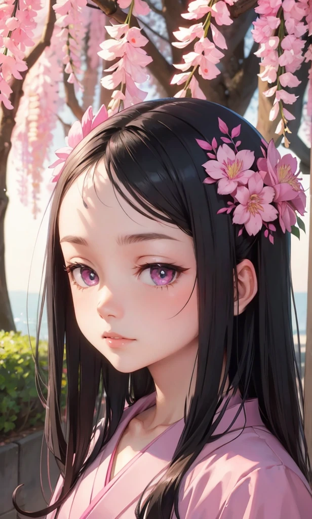 masterpiece, (pink kimono), seductive face, good lighting, low-cut, small details, masterpiece, glowing eyes, 1girl, black hair, on face, Nezuko Kamado, wisteria background, masterpiece, best quality, POV, erotica