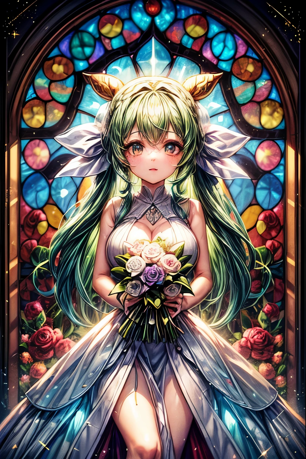 ((worst quality, low-quality)), ((banya, Cow Kenomimi girl)), Solo, (Bride Costume), (((Longhaire, poneyTail, Green hair,):1.3)), (Big breasts), Hair over one eye, plump shiny lips, Beautiful clear eyes, Spoken Heart, Leaning forward, (Dynamic Pose:1.2), (((Beautiful colorful flowers, 1 large bouquet,Hold it with both hands:1.2))), Confetti, (Stained glass window background), ((Shining sunlight)), (opal), (light Particle, light glow, llight rays:1.4), masutepiece,Best Quality,ultra-detailliert,