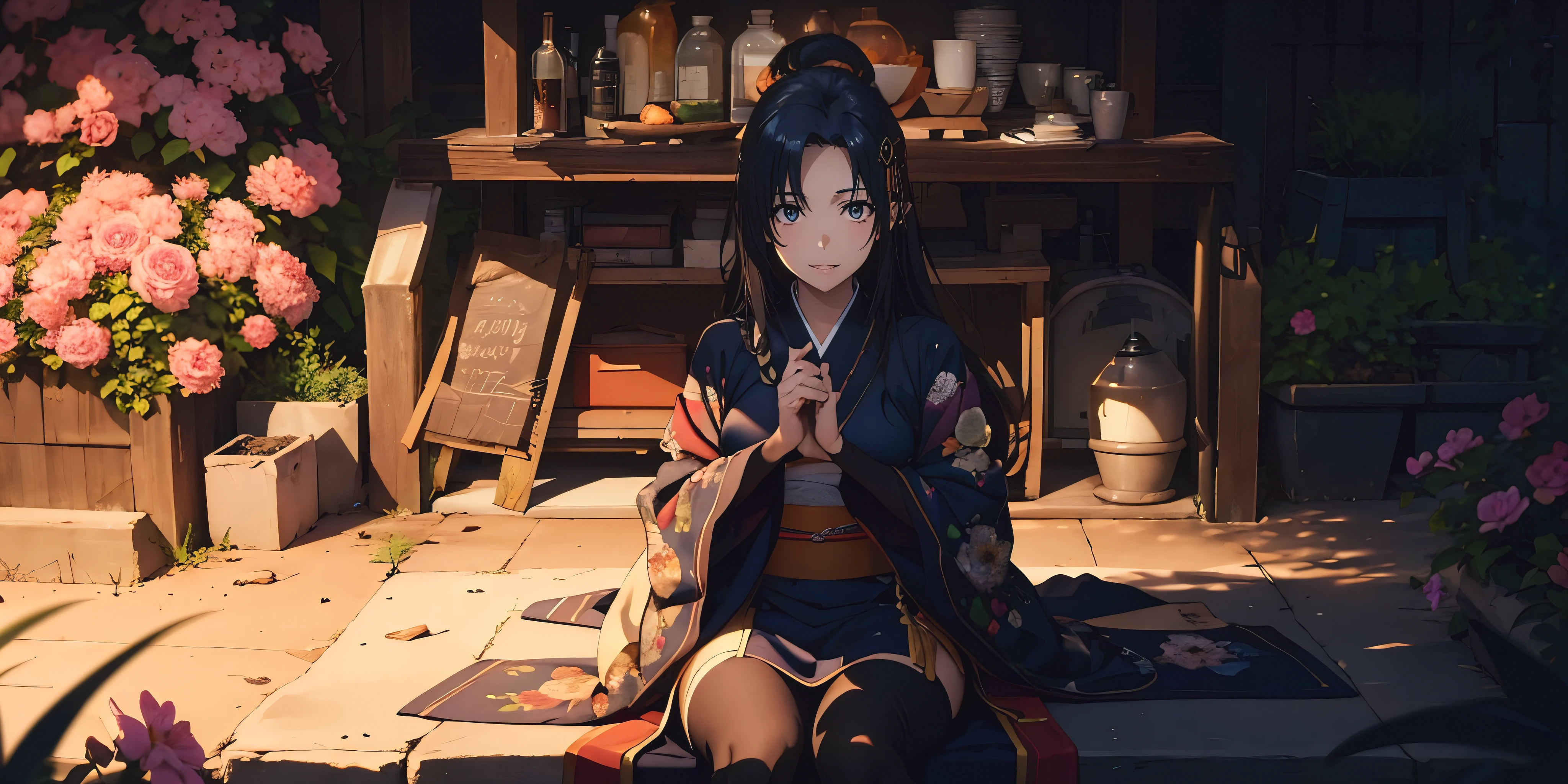 dark-blue hair, long hair, hair ornament, pointy ears anatomically correct, best quality, masterpiece, high quality, high details, highres, HD, (shaded face:1.2), hollow eyes, yellow eyes, looking at viewer, seductive smile, new_panne, japanese clothes, kimono, obi, tabi, sash, wide sleeves, facial mark, smile, looking at viewer, hair ornament, forehead mark, sandals, long sleeves, fur trim, shiny, flower, nail polish, zouri, floral print, gradient clothes, shrine, outdoors, (masterpiece, best quality, ultra-detailed, best shadow),
